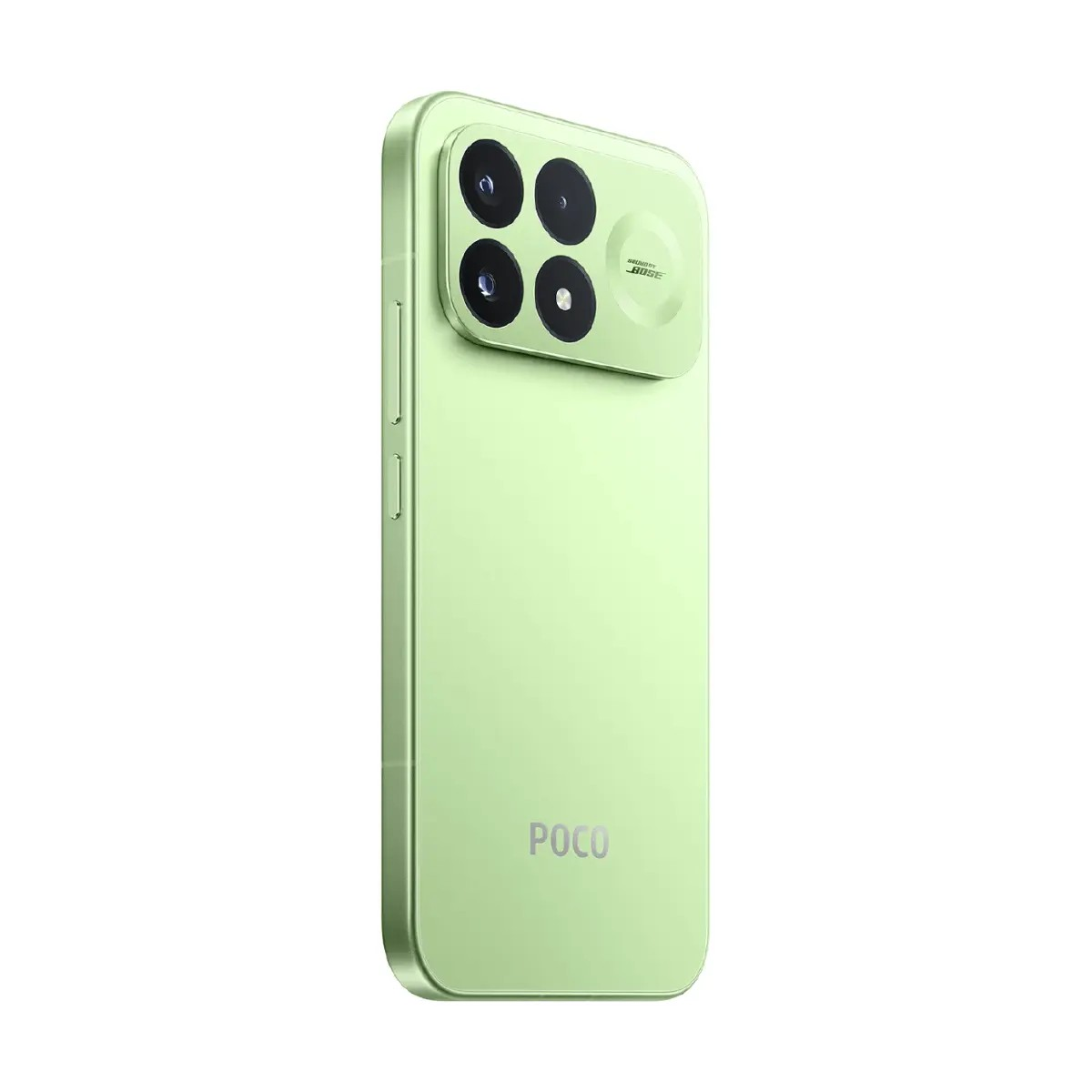 Uno smartphone POCO verde chiaro, vista posteriore, con modulo fotocamera quadrato a quattro lenti e logo POCO.