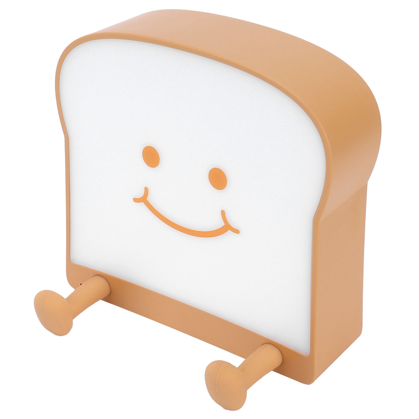 Ein süßes toastförmiges Nachtlicht mit lächelndem Gesicht und zwei kleinen Füßen vor weißem Hintergrund.