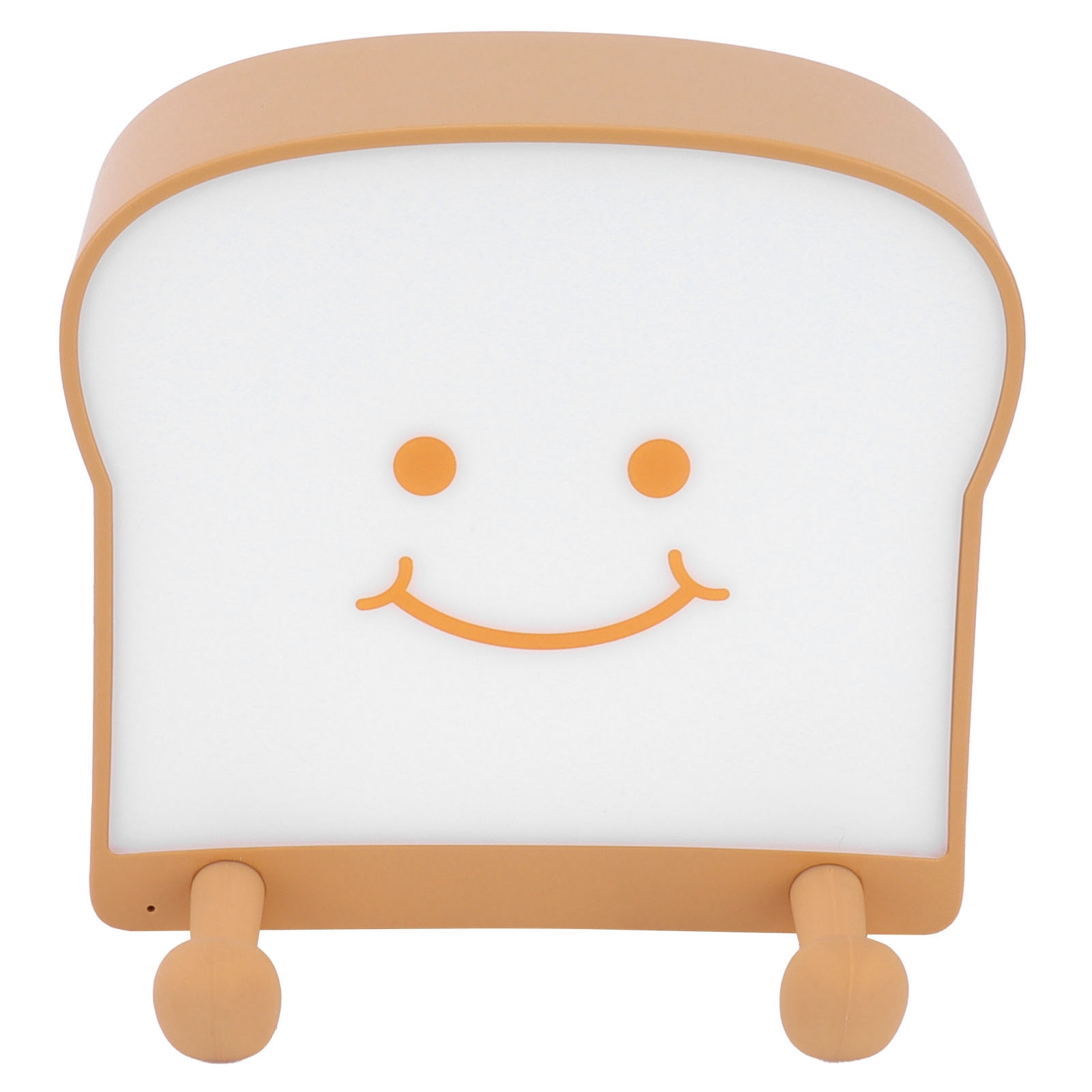 Eine brotförmige, gelbe Lampe mit einem lächelnden Gesicht und zwei kleinen Füßen unten auf weißem Hintergrund.
