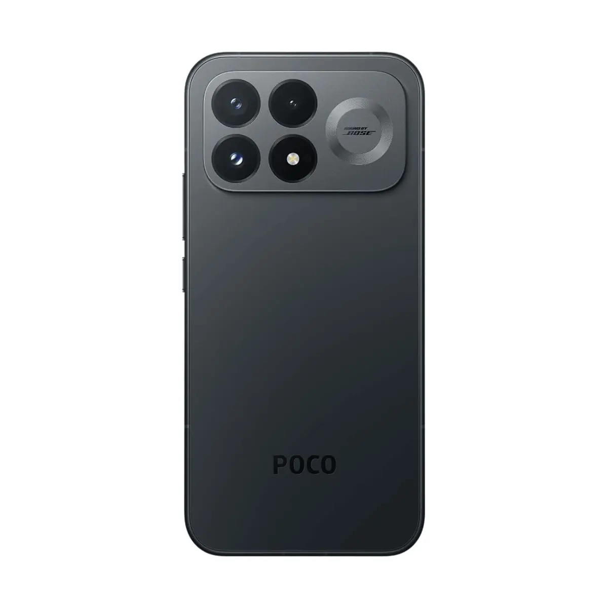 Parte trasera de un smartphone Poco oscuro con módulo de cuatro cámaras y marca Bose.
