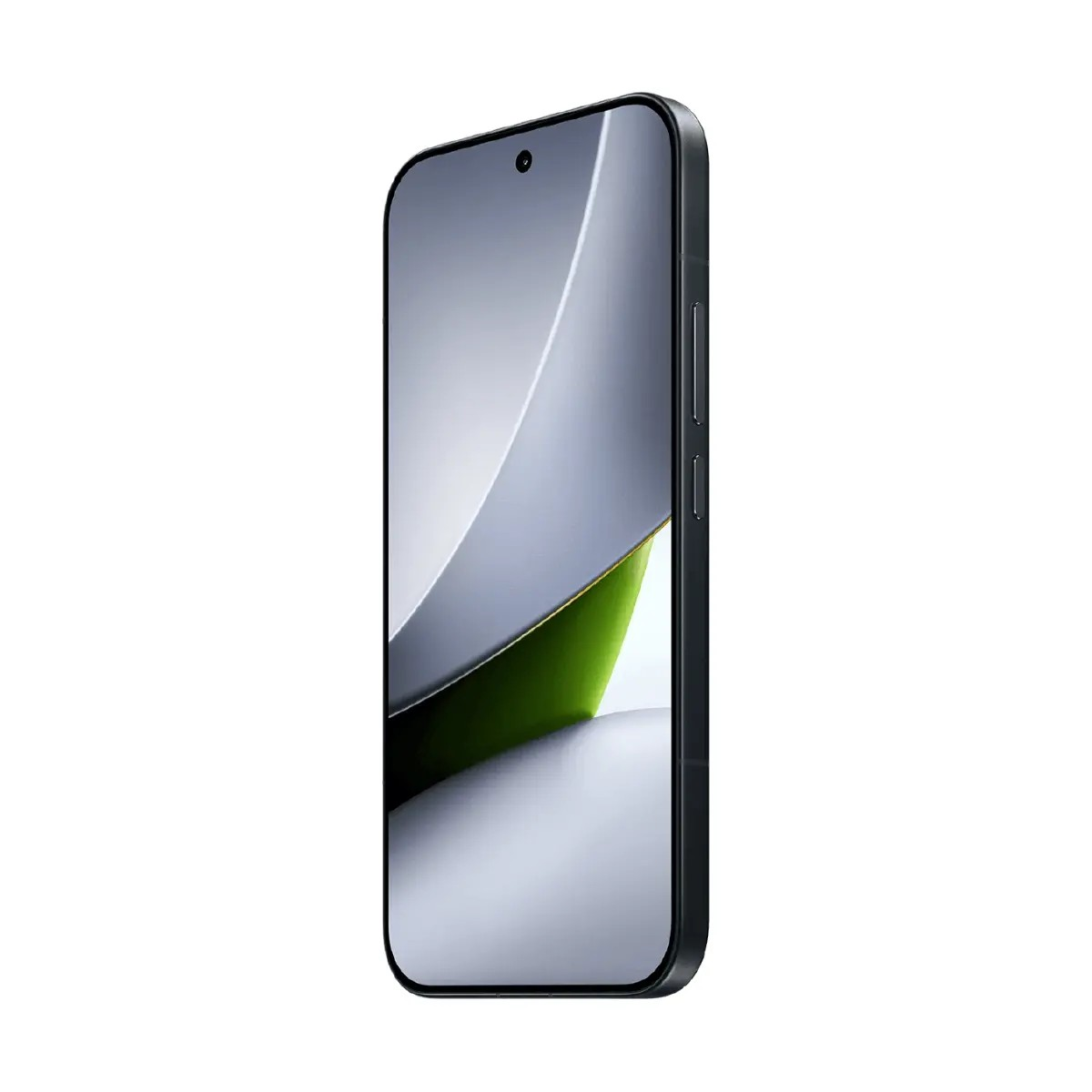 Un smartphone negro visto desde el lateral derecho, mostrando un fondo abstracto colorido y botones en un fondo blanco.