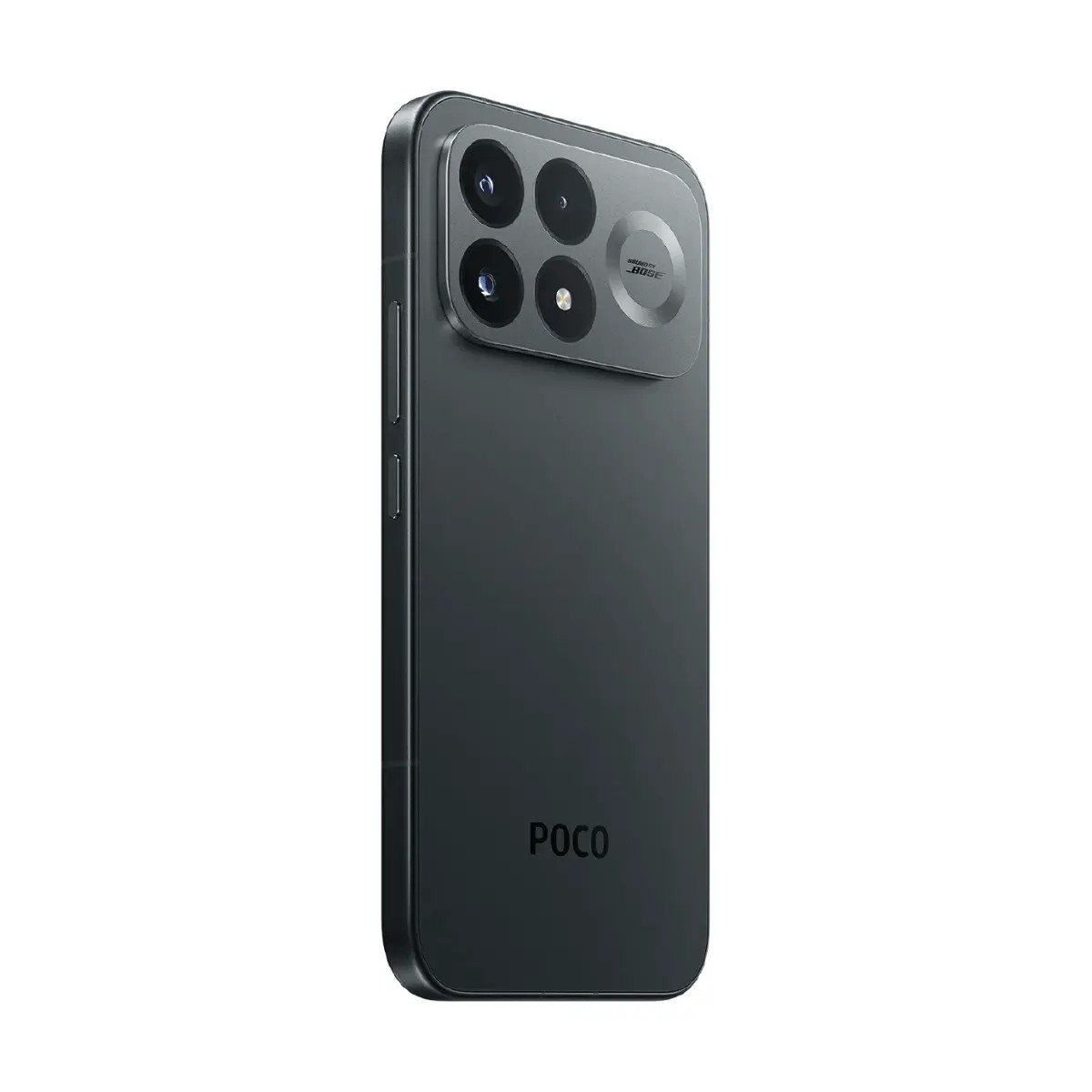 Parte trasera de un smartphone Poco negro con un módulo de cámara rectangular y logo de POCO.