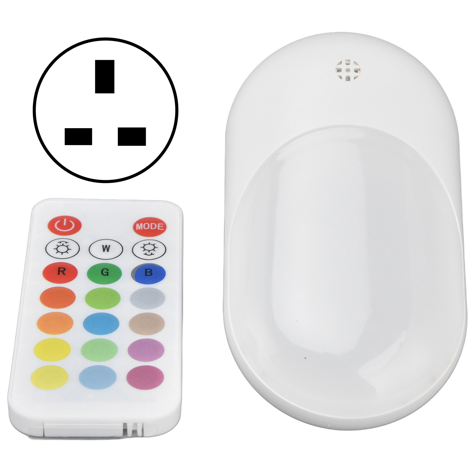Weiße Fernbedienung mit farbigen Tasten, Stecker-Symbol und weißem Gerät auf weißem Hintergrund.