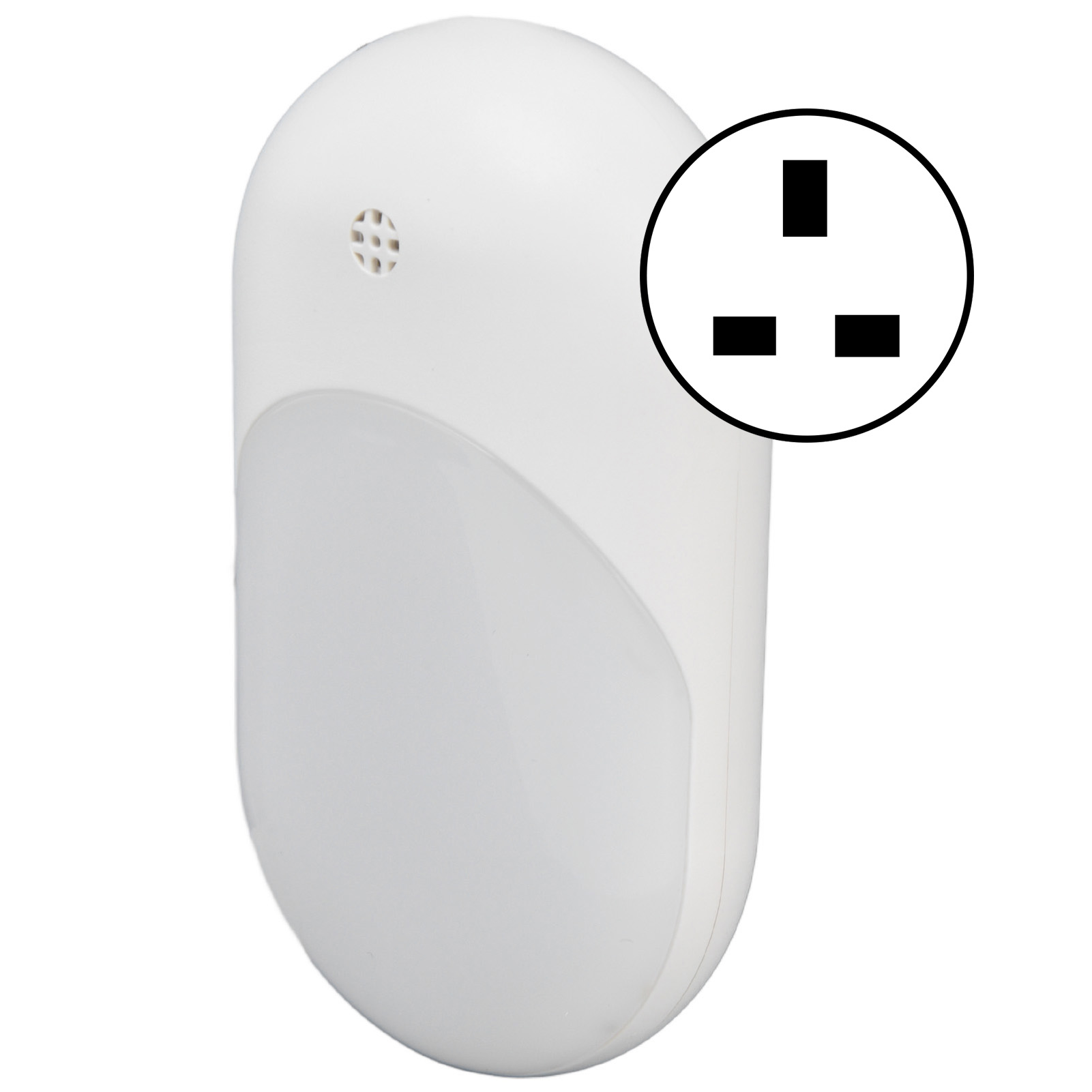 Weißes, ovales Gerät mit Lautsprechergitter oben und integriertem Stecker-Symbol für britische Steckdosen.