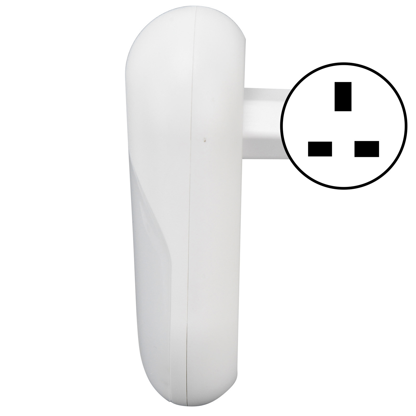Seitenansicht eines weißen Plug-in-Smart-Plugs mit einem britischen Steckerdiagramm daneben.