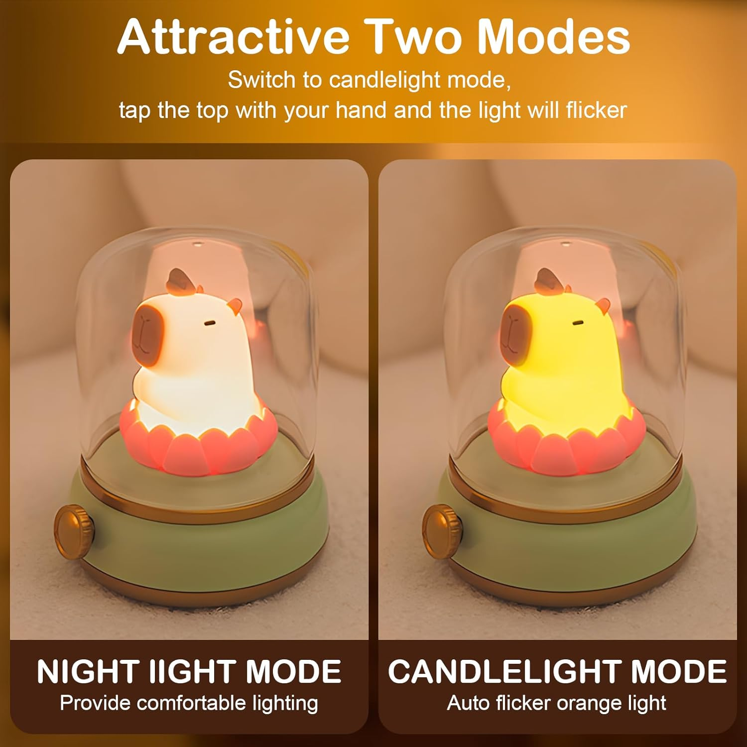 Ein Produktbild zeigt eine Capybara-Nachtlampe mit zwei Modi: Nachtlichtmodus und Kerzenlichtmodus.
