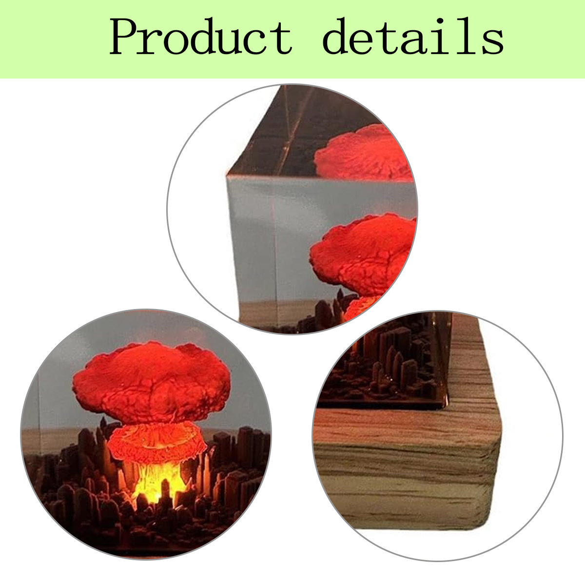 Produktdetails mit einem leuchtenden Harz-Nuklearexplosions-Diorama in einem klaren Würfel auf einem Holzsockel.