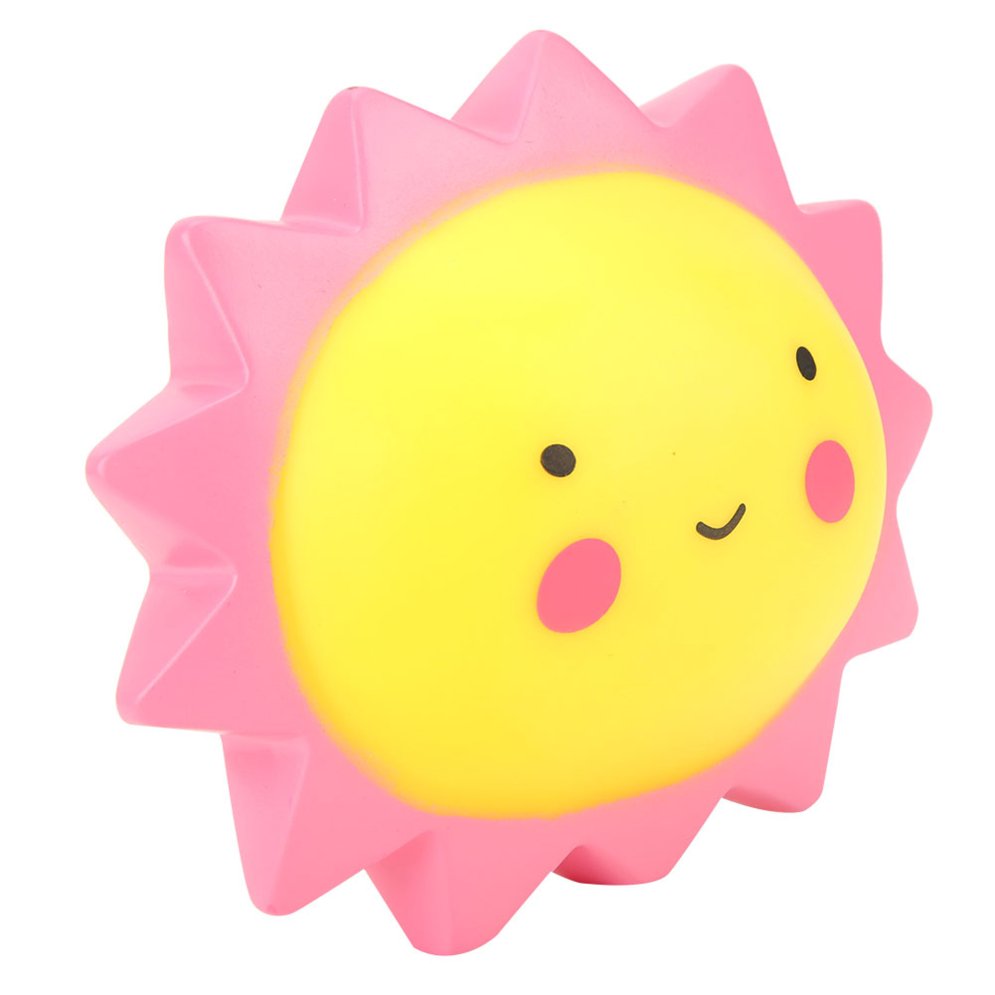 Eine süße, gelbe Sonne mit rosa Strahlen und Wangen sowie einem lächelnden Gesicht auf weißem Hintergrund.