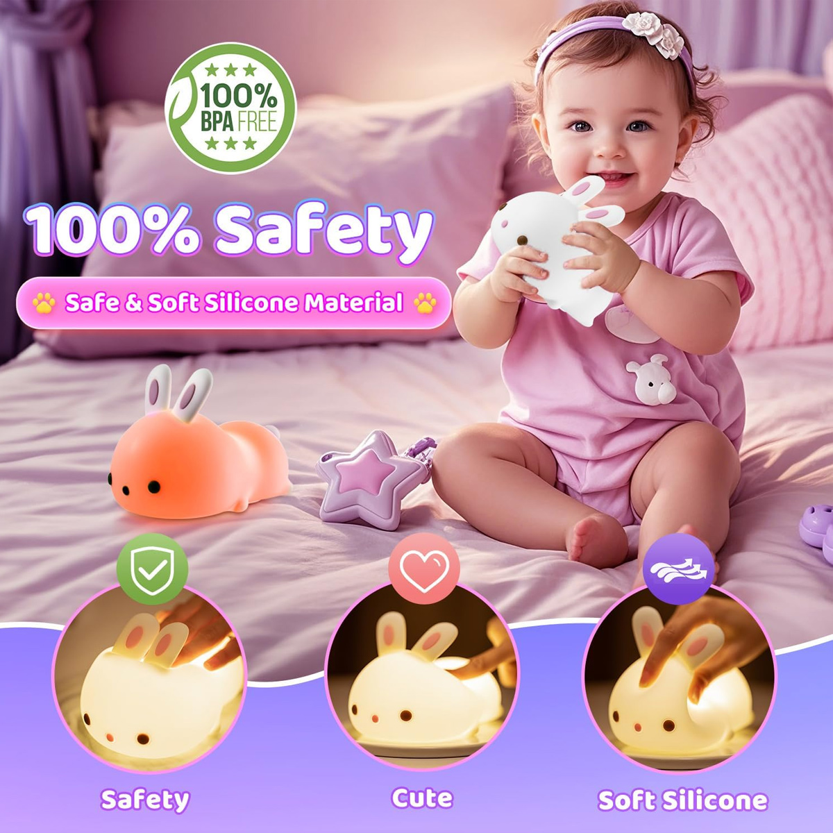 Baby im rosa Kleid hält ein weißes Hasen-Nachtlicht auf dem Bett mit Silikonlampen.