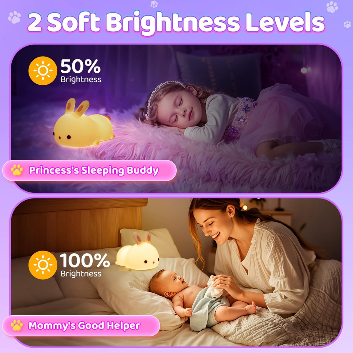 Ein gelbes Hasen-Nachtlicht zeigt zwei Helligkeitsstufen: 50% für schlafendes Kind und 100% für Babypflege.