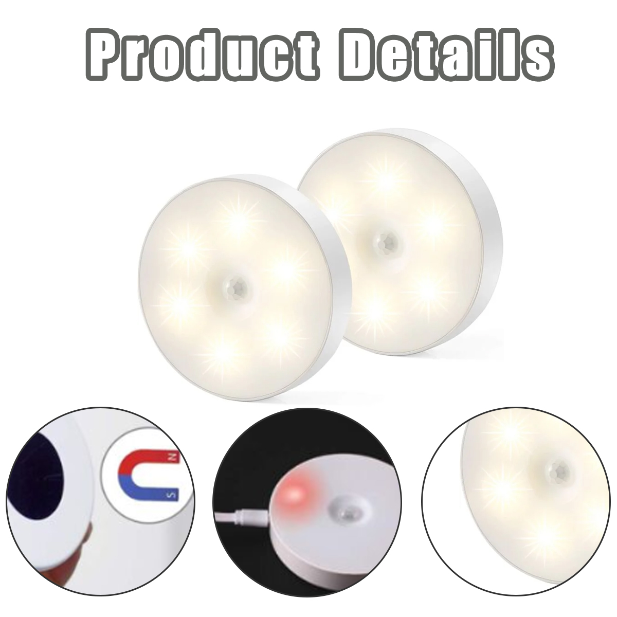Zwei runde weiße LED-Leuchten mit Bewegungsmelder, Magnet und USB-Anschluss.