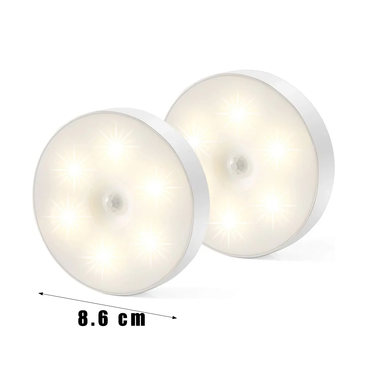 Zwei runde weiße LED-Nachtlichter mit Sensoren, Maße 8,6 cm, auf weißem Hintergrund.