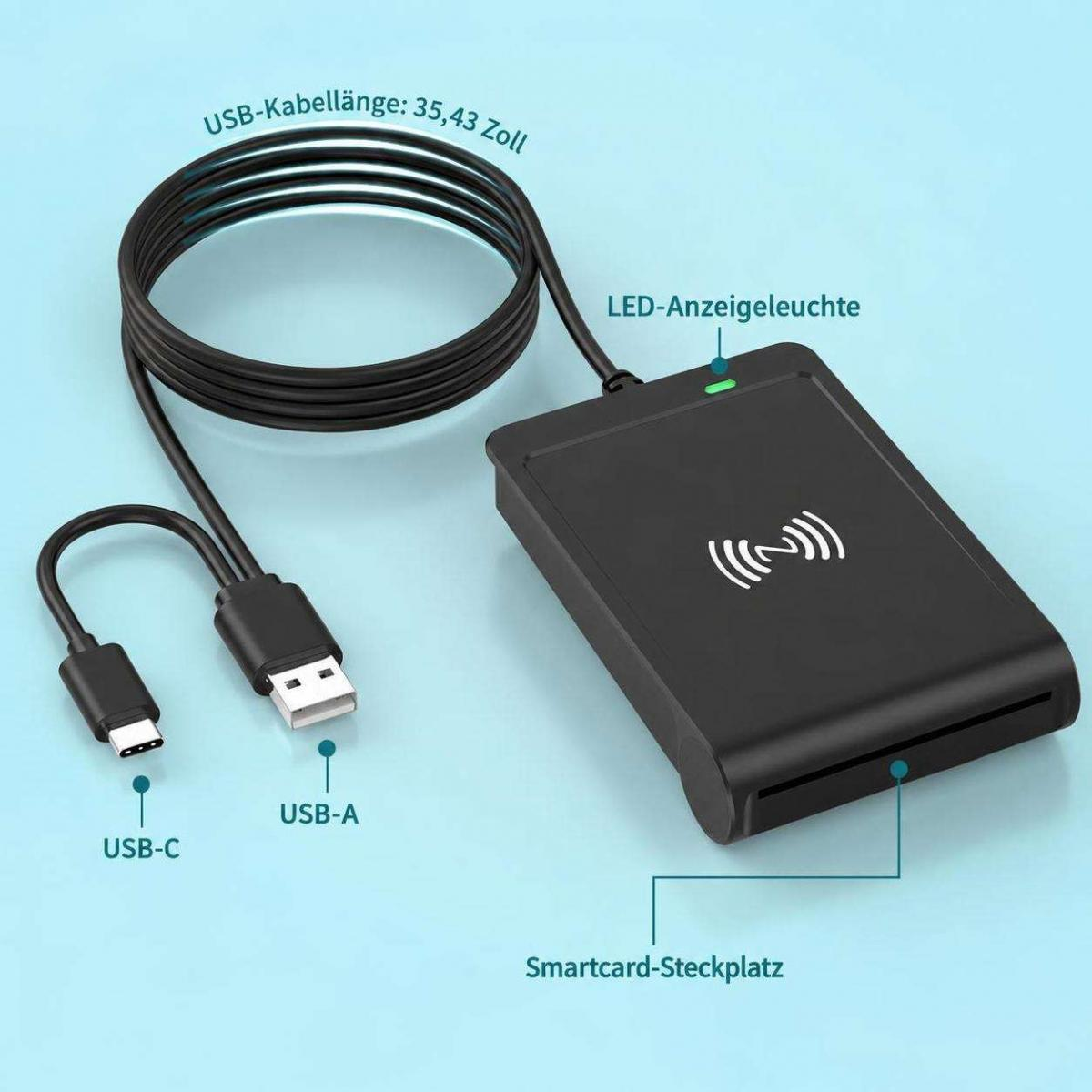 Schwarzes Kartenlesegerät mit USB-Kabel, LED und Smartcard-Steckplatz vor blauem Hintergrund.
