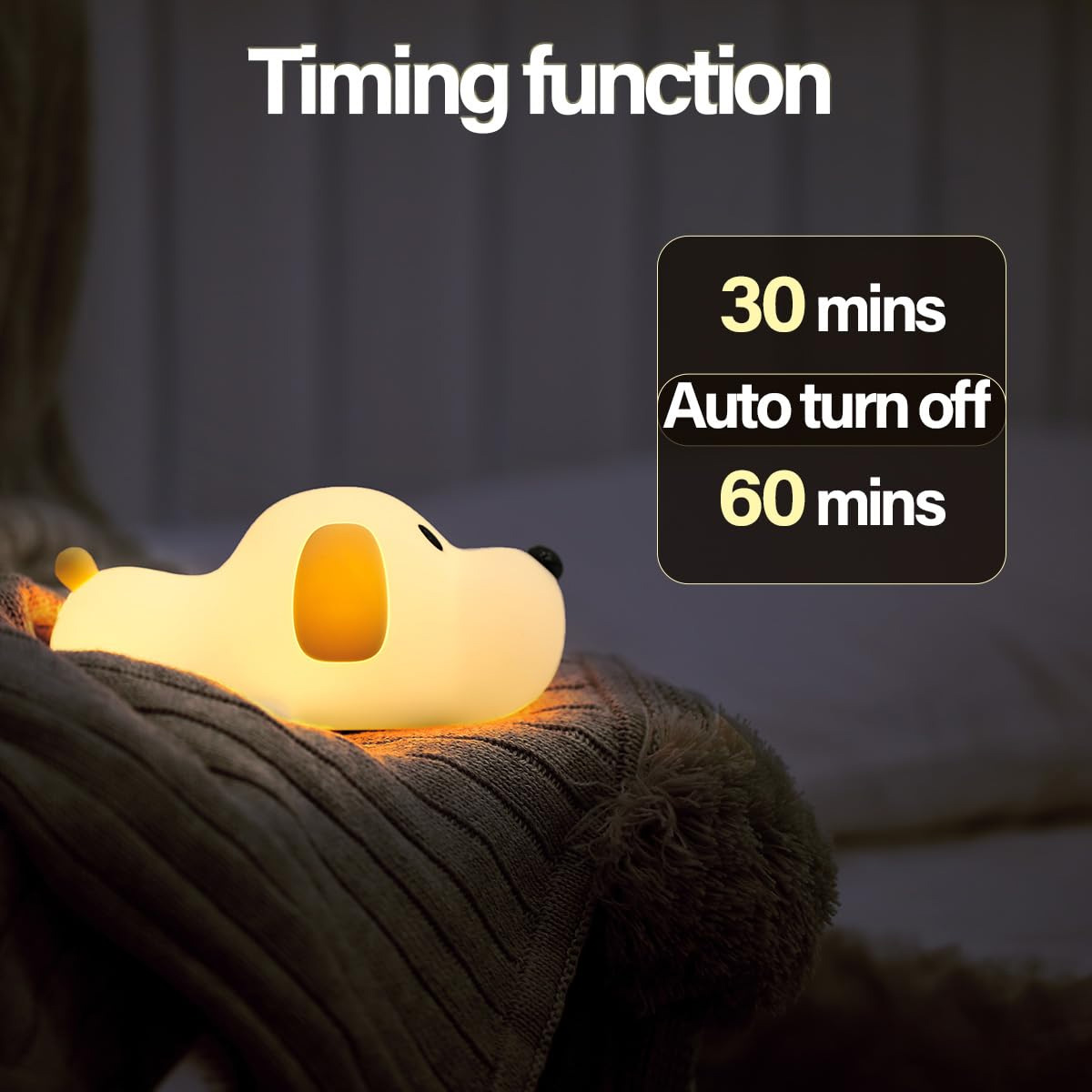 Niedliche Hunde-Nachtlampe auf einer Decke, mit Timer-Optionen von 30 und 60 Minuten.