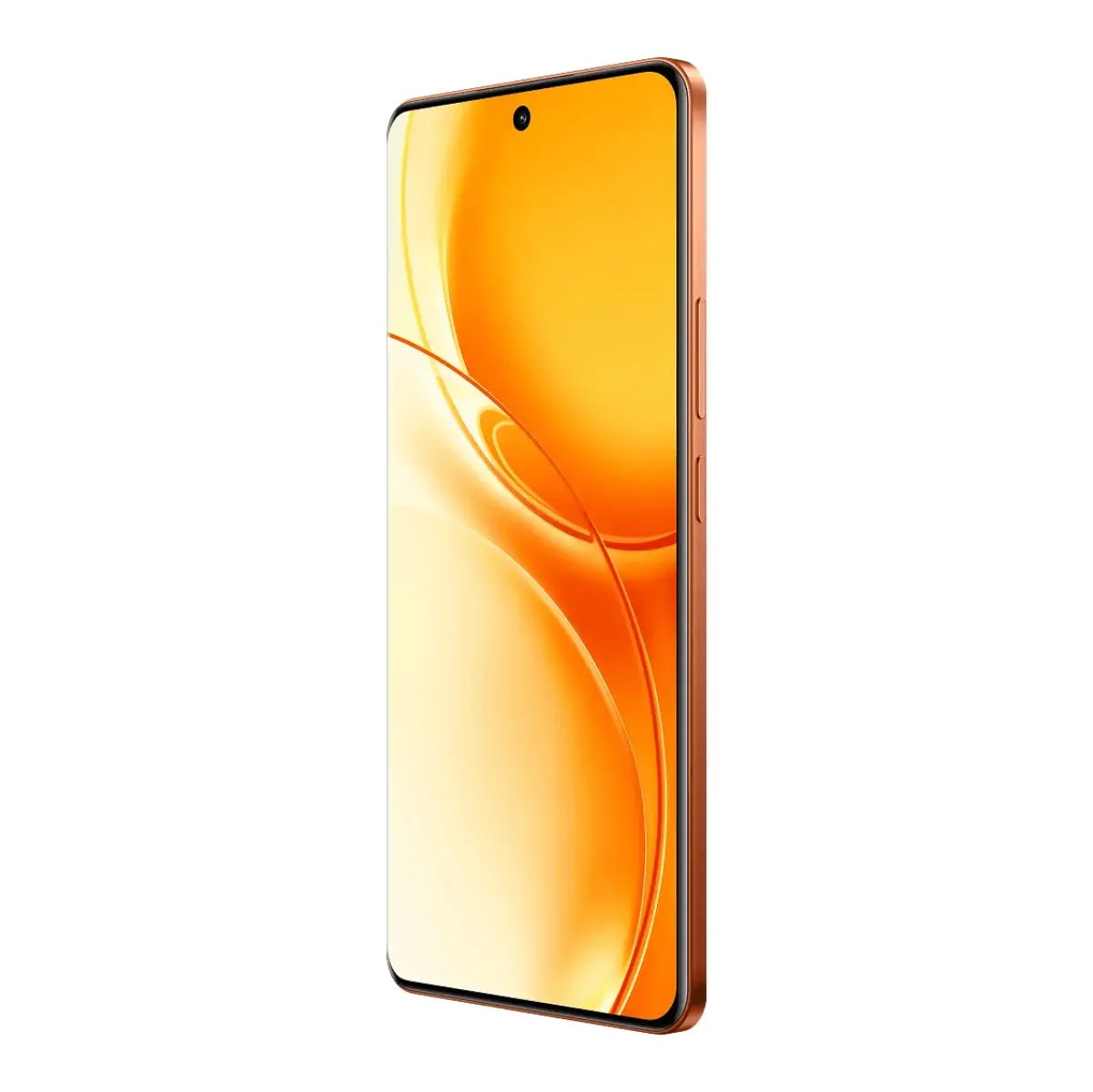 Uno smartphone dorato con schermo curvo e sfondo arancione è mostrato su sfondo bianco.