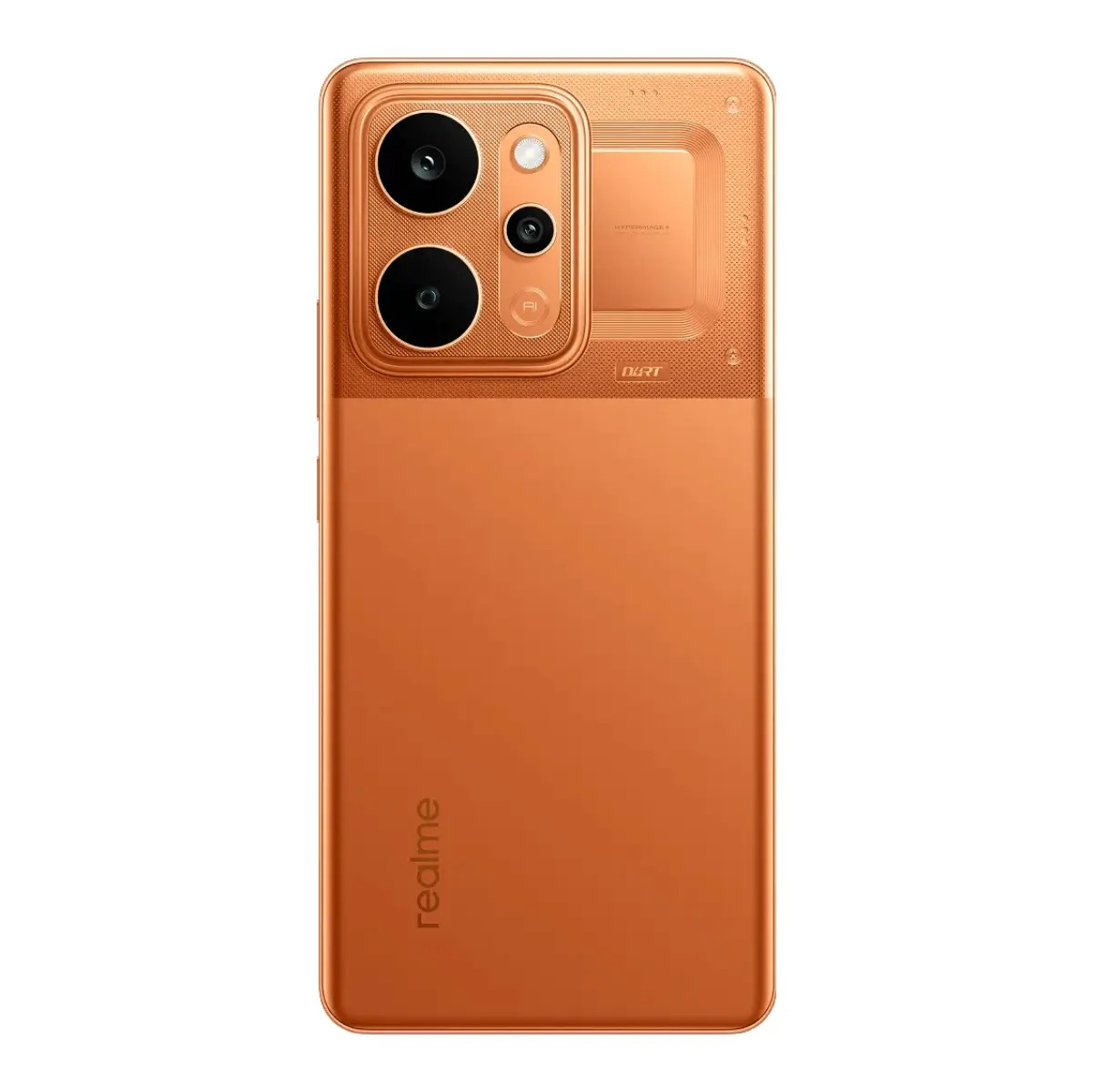 Retro di uno smartphone Realme arancione con modulo a tripla fotocamera e design superiore testurizzato.