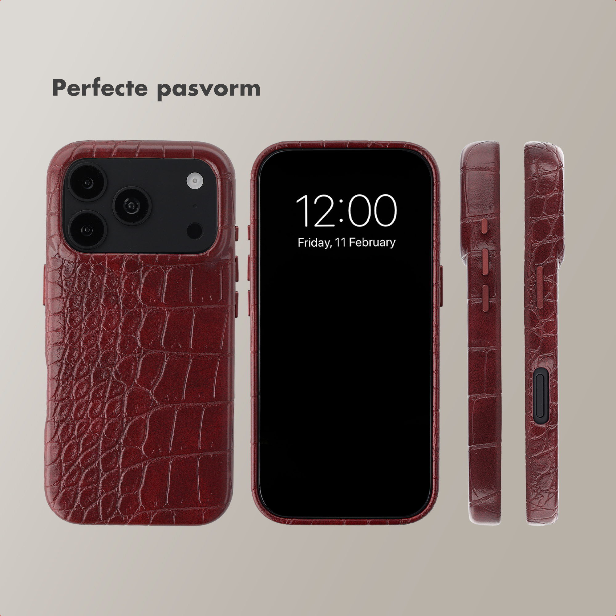 Rode leren smartphonehoesje met crocopatroon in meerdere weergaven.