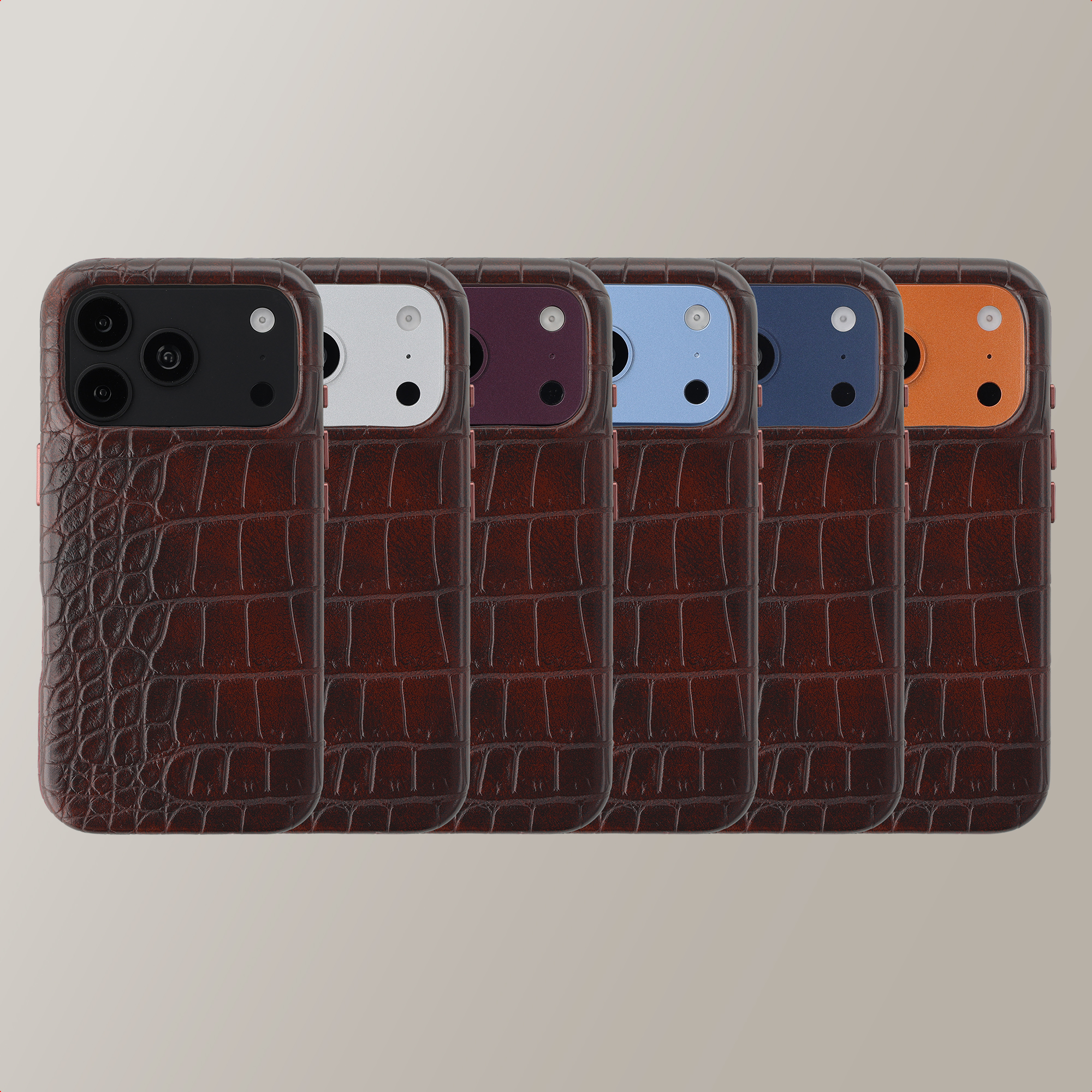Zes telefoons met bruine krokodillenleren hoesjes en verschillende kleur camera's.