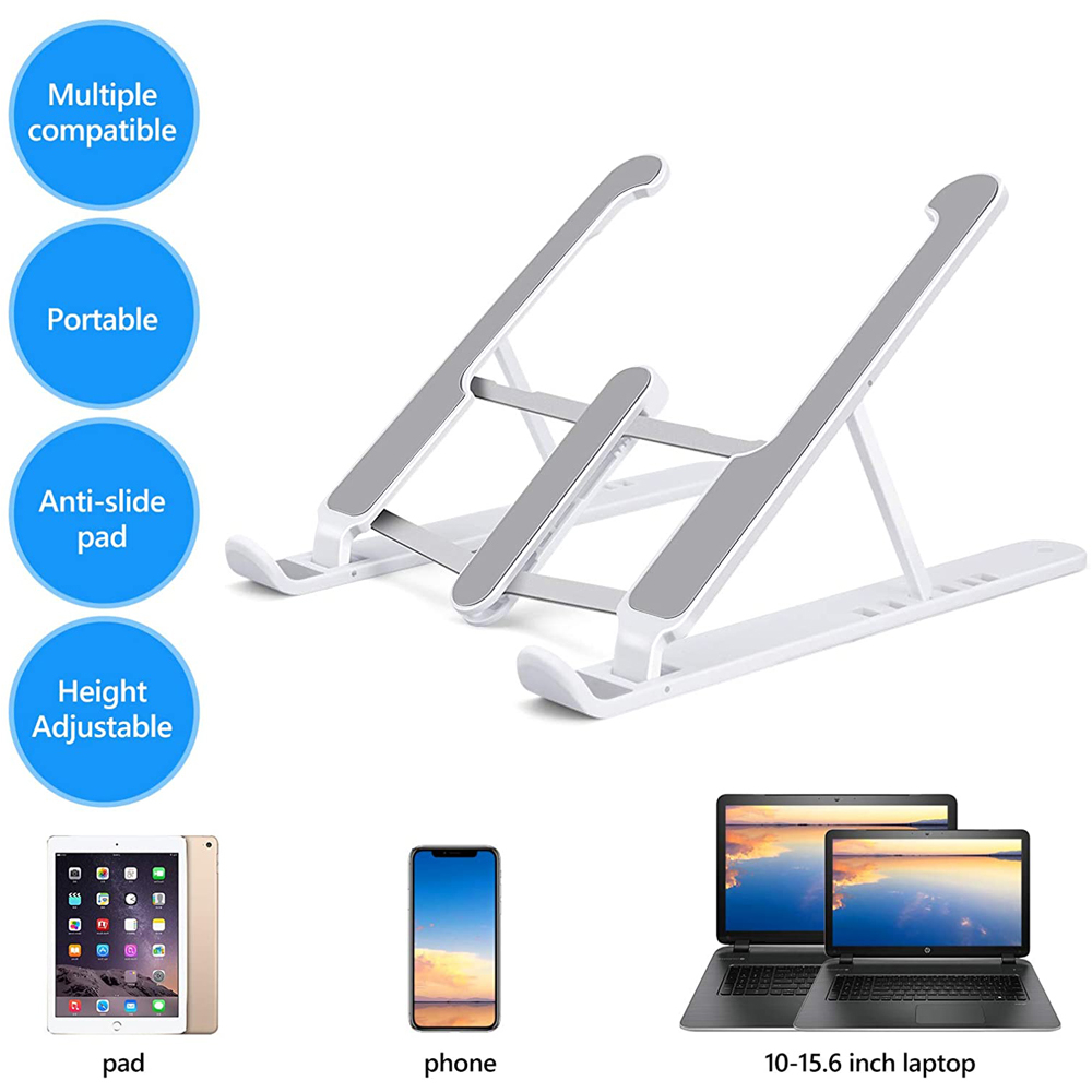 Verstellbarer weißer Laptop-Ständer mit Symbolen für Eigenschaften wie Tragbarkeit und Anti-Rutsch-Pads.