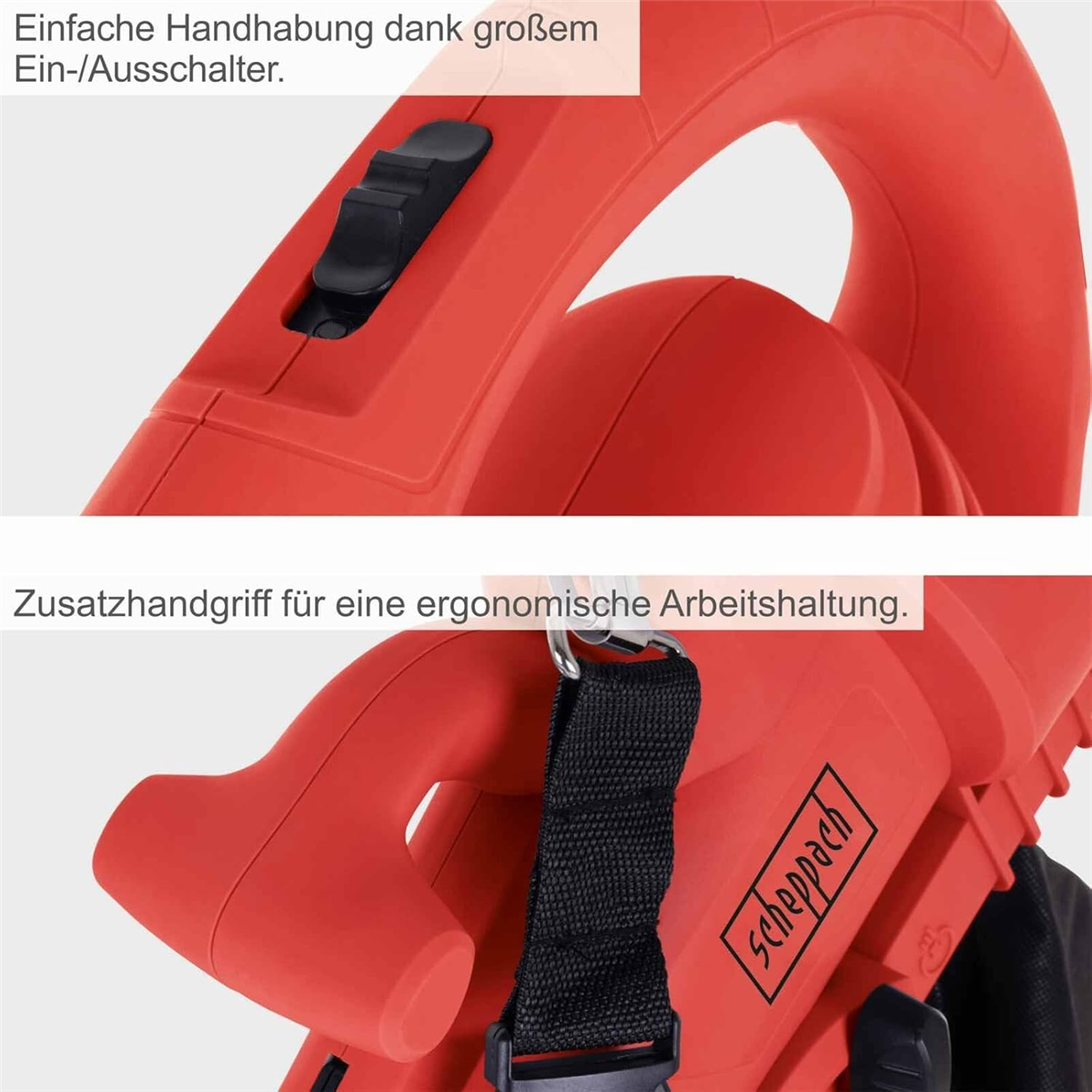 Nahaufnahme eines roten Scheppach Geräts mit großem Schalter und Zusatzhandgriff.