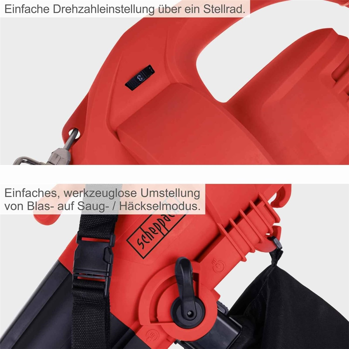 Roter Laubsauger mit Drehzahlregler und werkzeuglosem Schalter für Blas- und Saugmodus.