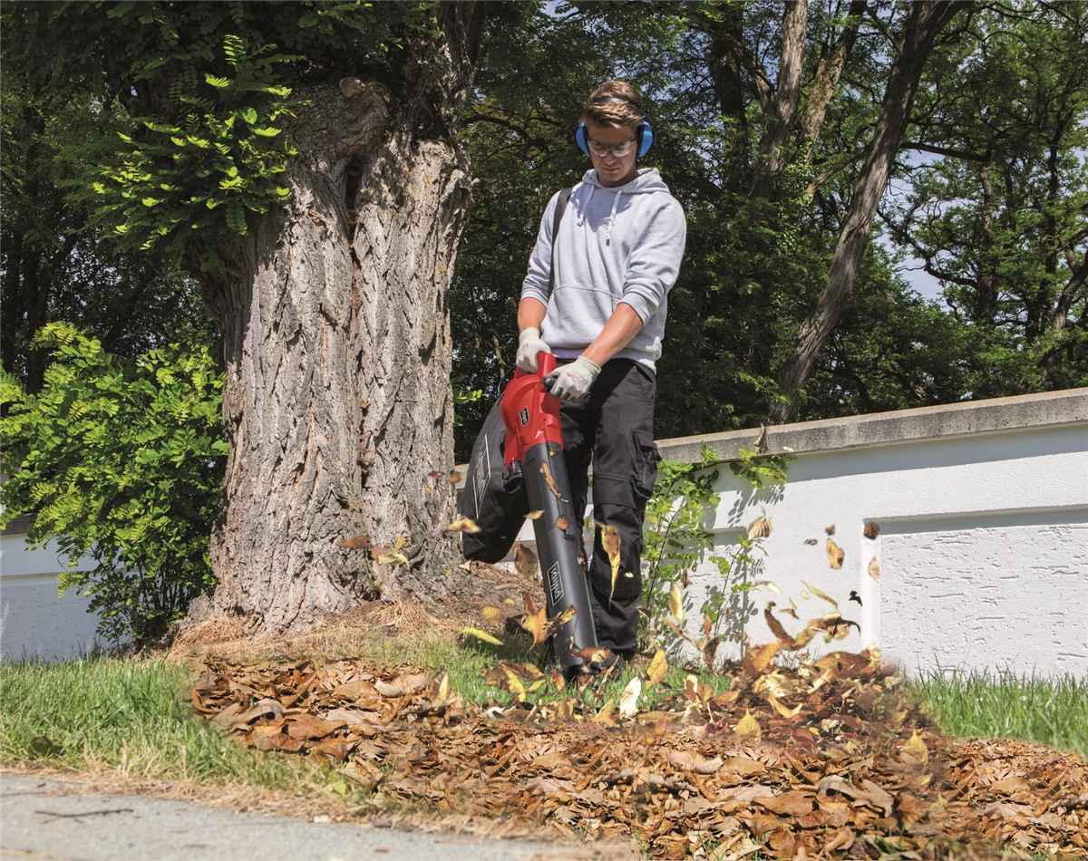 Ein Mann mit Schutzkleidung nutzt einen Laubbläser vor einem großen Baum und einer weißen Mauer.