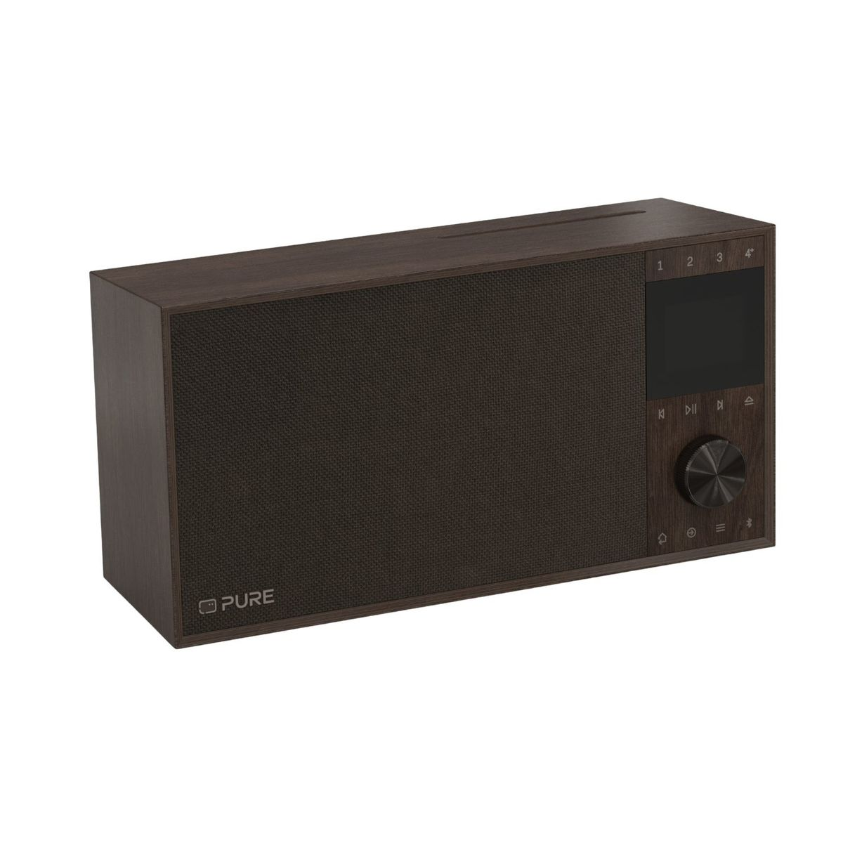 Ein rechteckiges dunkles Holzradio mit Lautsprechergitter, Display, Bedientasten und einem Drehknopf rechts.