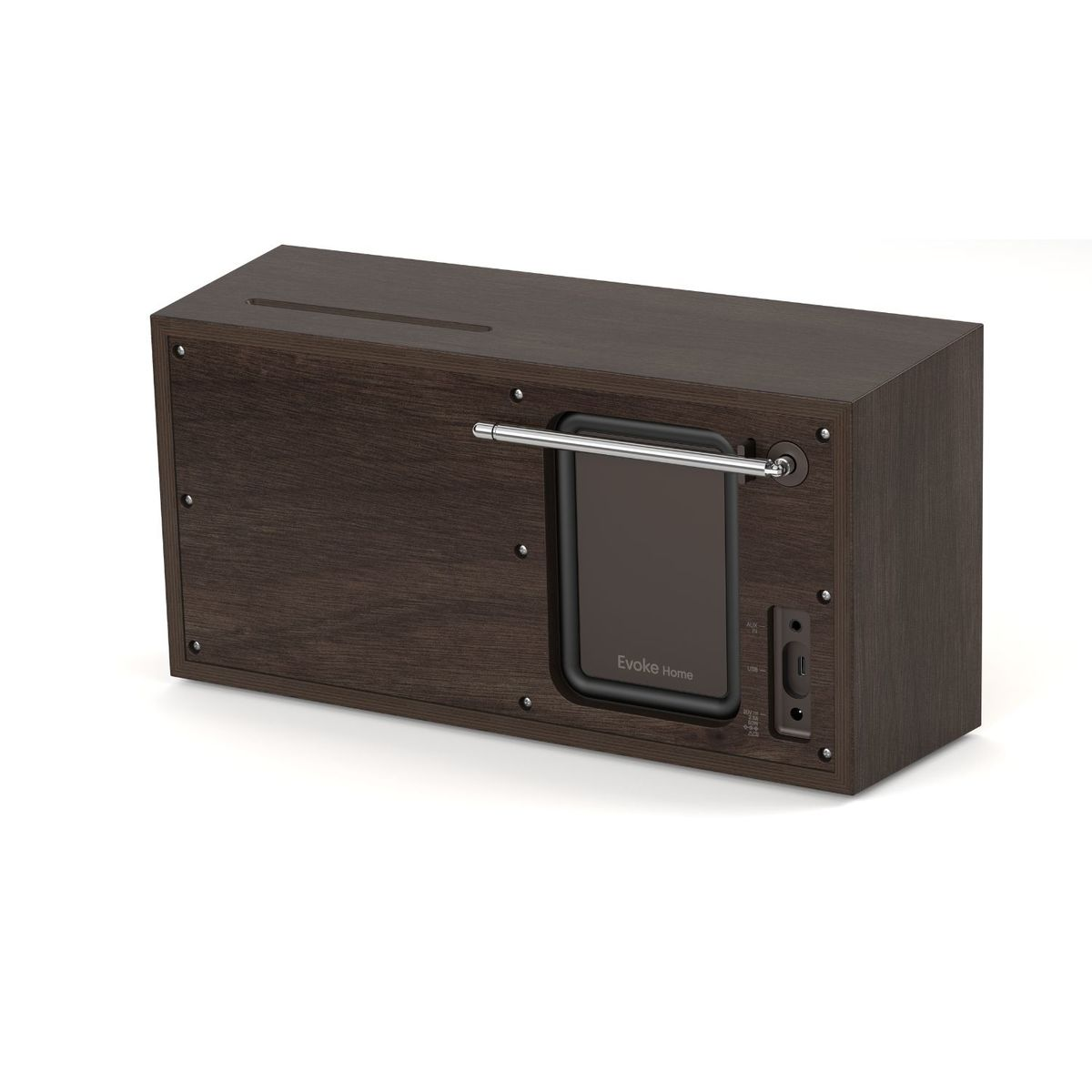 Rückansicht eines dunklen Holzradios Evoke Home mit Metallantenne und Anschlüssen rechts.