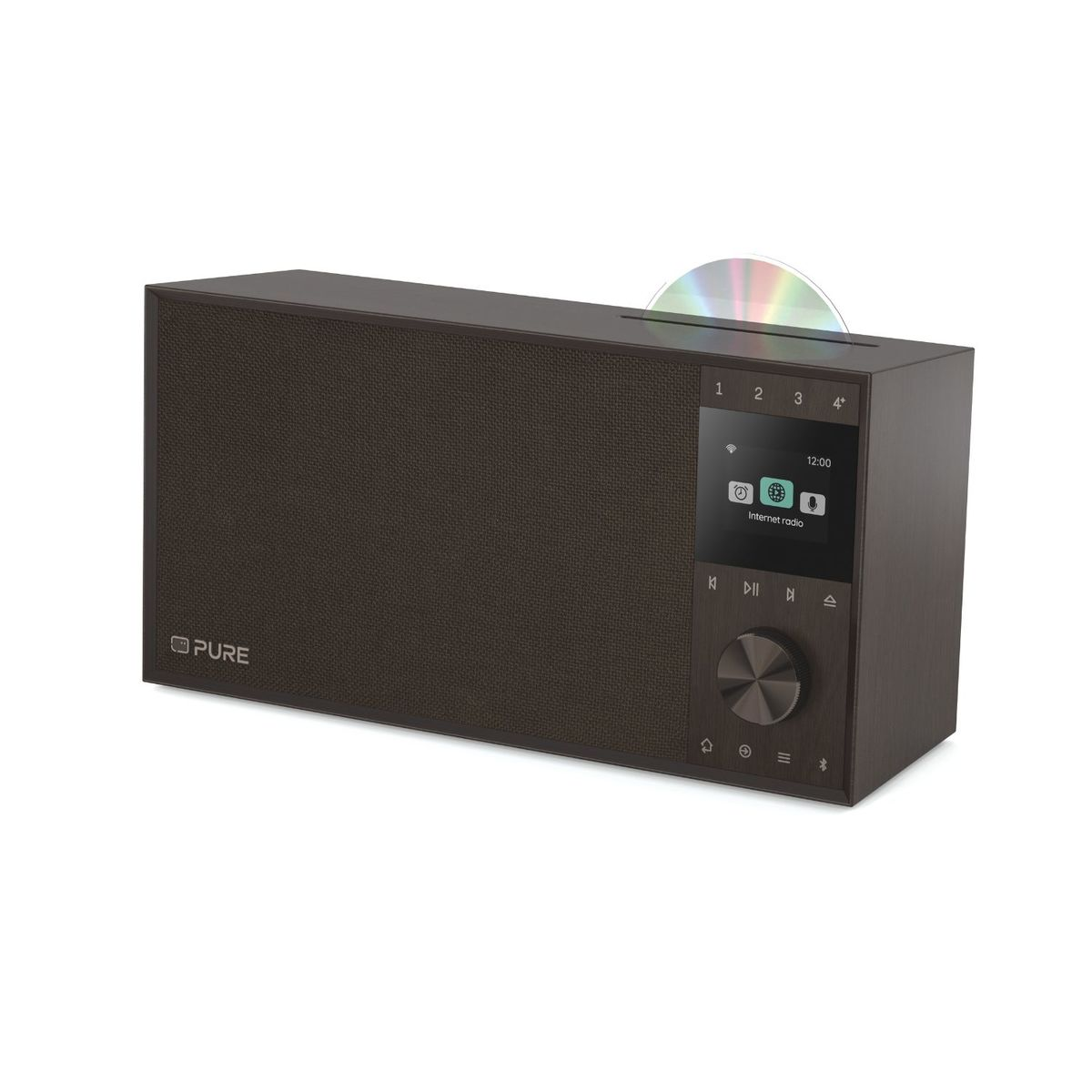 Dunkelbraunes Pure Radio mit Display, Knöpfen, Lautsprechergitter und eingelegter CD oben.