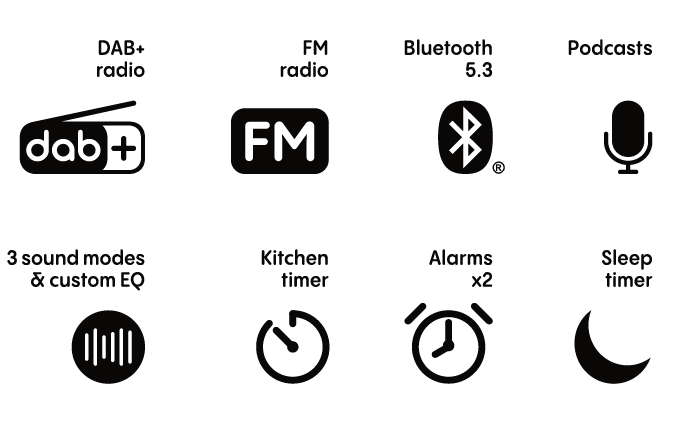 Schwarze Symbole und Text für Radio, Bluetooth, Podcasts, Soundmodi, Küchentimer, Wecker und Sleep-Timer.