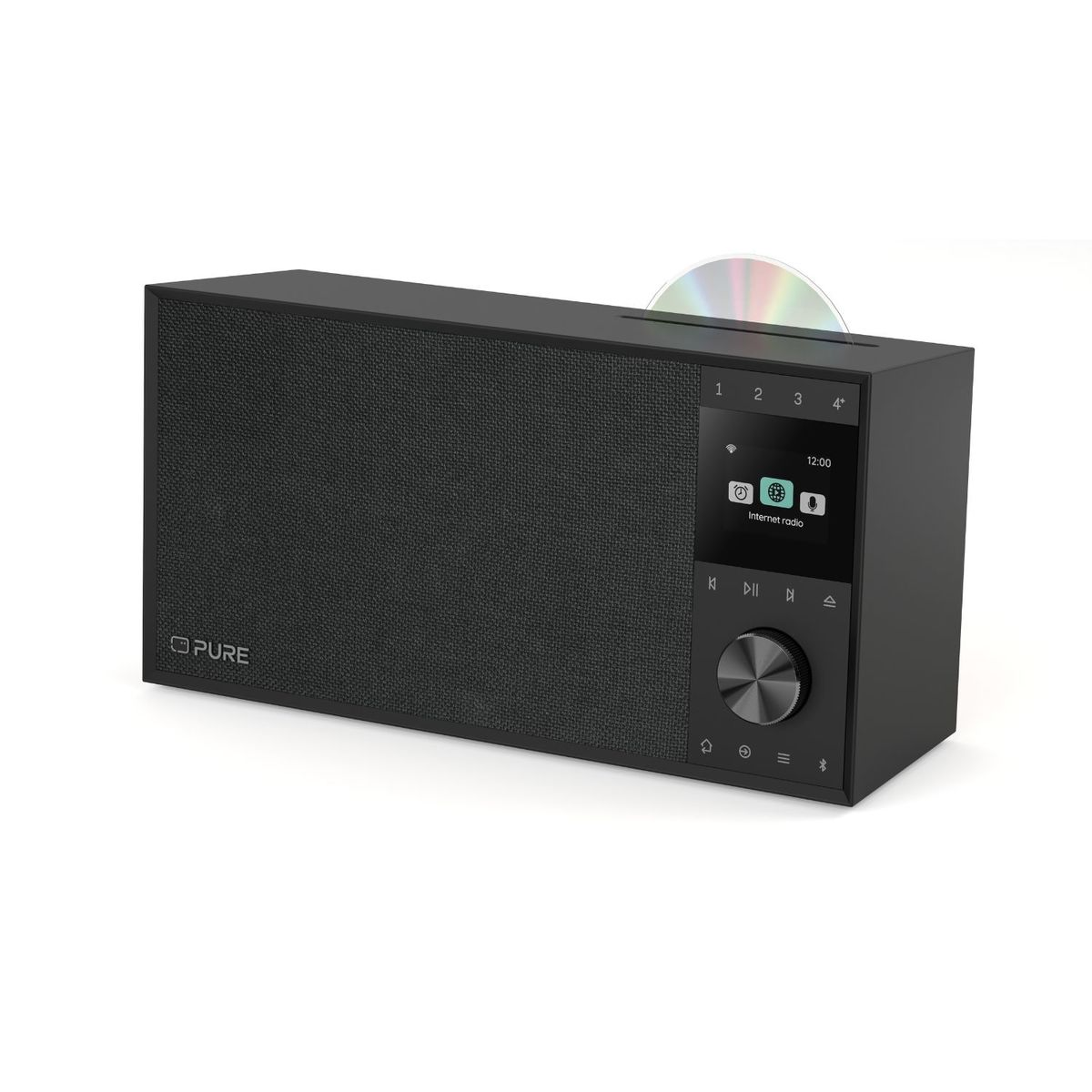 Schwarzes Pure Radio mit Stofffront, Farbdisplay, Bedienelementen und eingelegter CD.