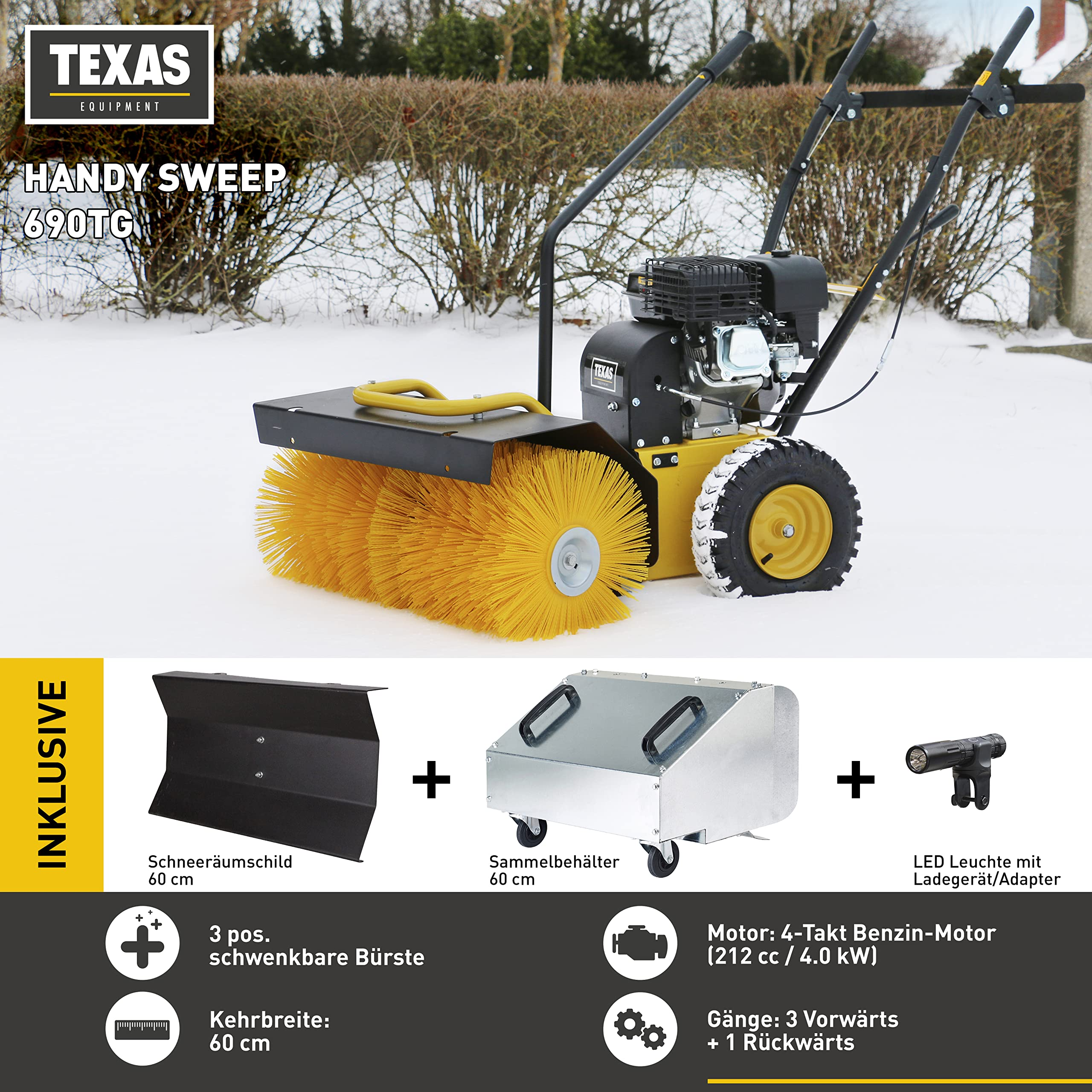 Texas Handy Sweep 690TG Benzinkehrmaschine im Schnee mit inklusivem Schneeschild, Kehrichtsammler und LED-Leuchte.
