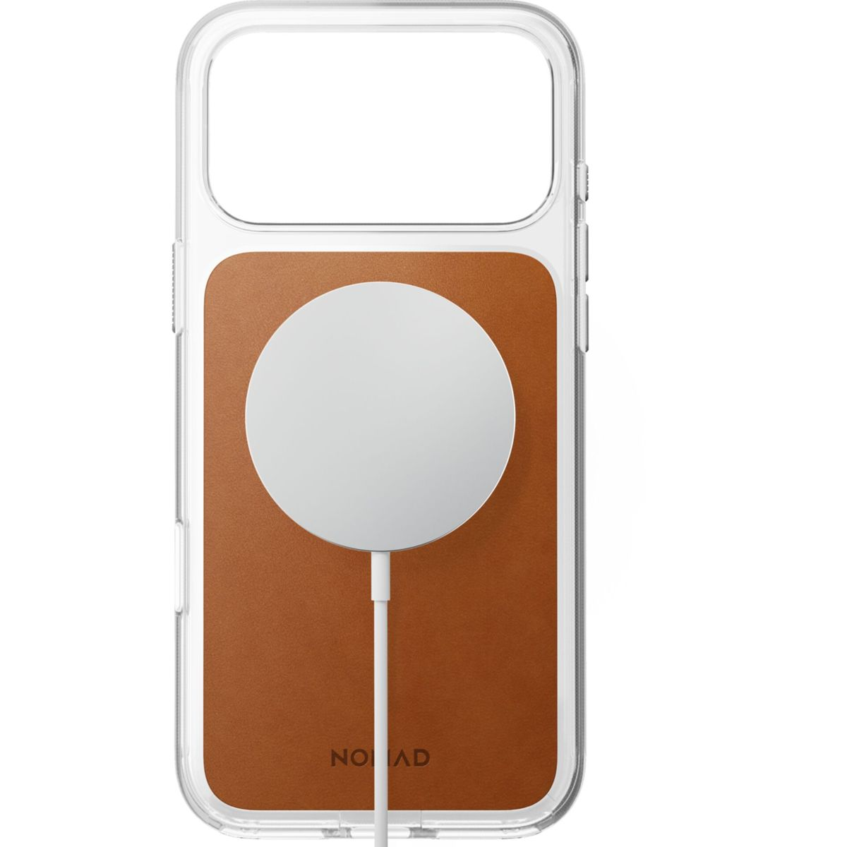 Transparente Handyhülle mit braunem Lederinlay und weißem MagSafe-Ladegerät.