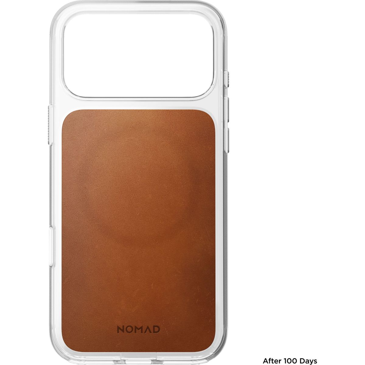 Transparente Handyhülle mit braunem Ledereinsatz und NOMAD-Logo.