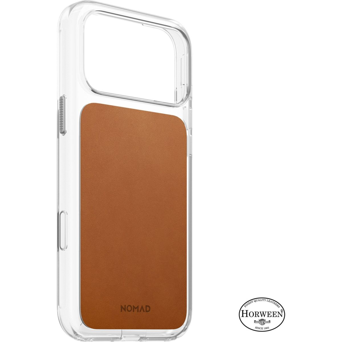 Klare Handyhülle mit braunem Ledereinsatz und Nomad-Logo sowie einem Horween-Lederlogo an der Seite.