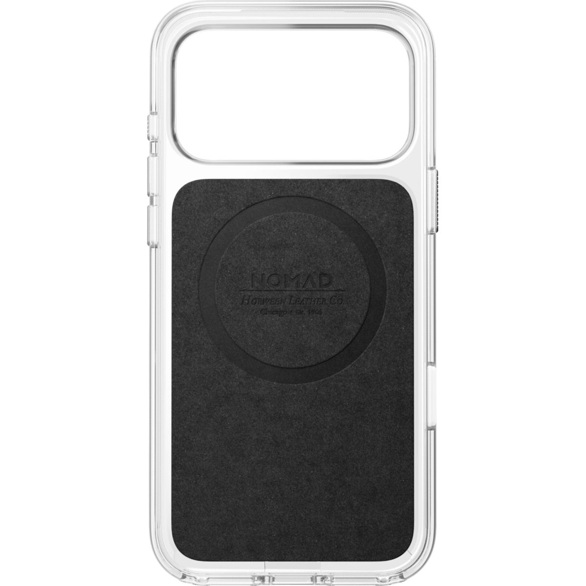 Eine transparente iPhone-Hülle mit schwarzem Ledereinsatz, MagSafe-Kreis und Nomad-Logo.
