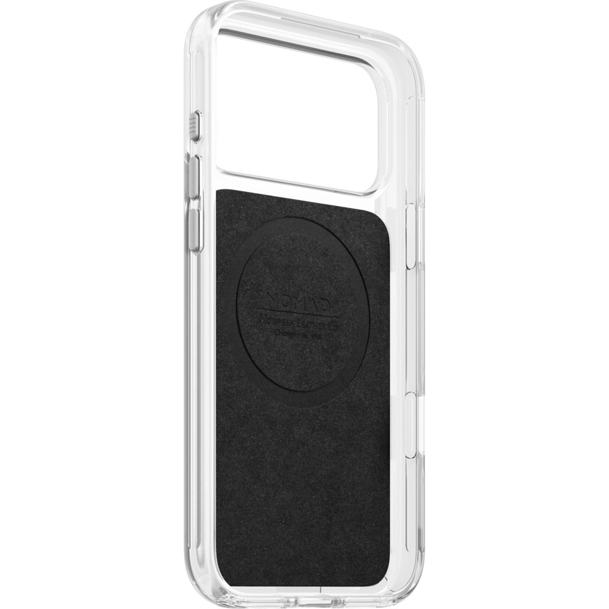 Transparente Handyhülle mit schwarzer MagSafe-Einlage und Markenlogo.