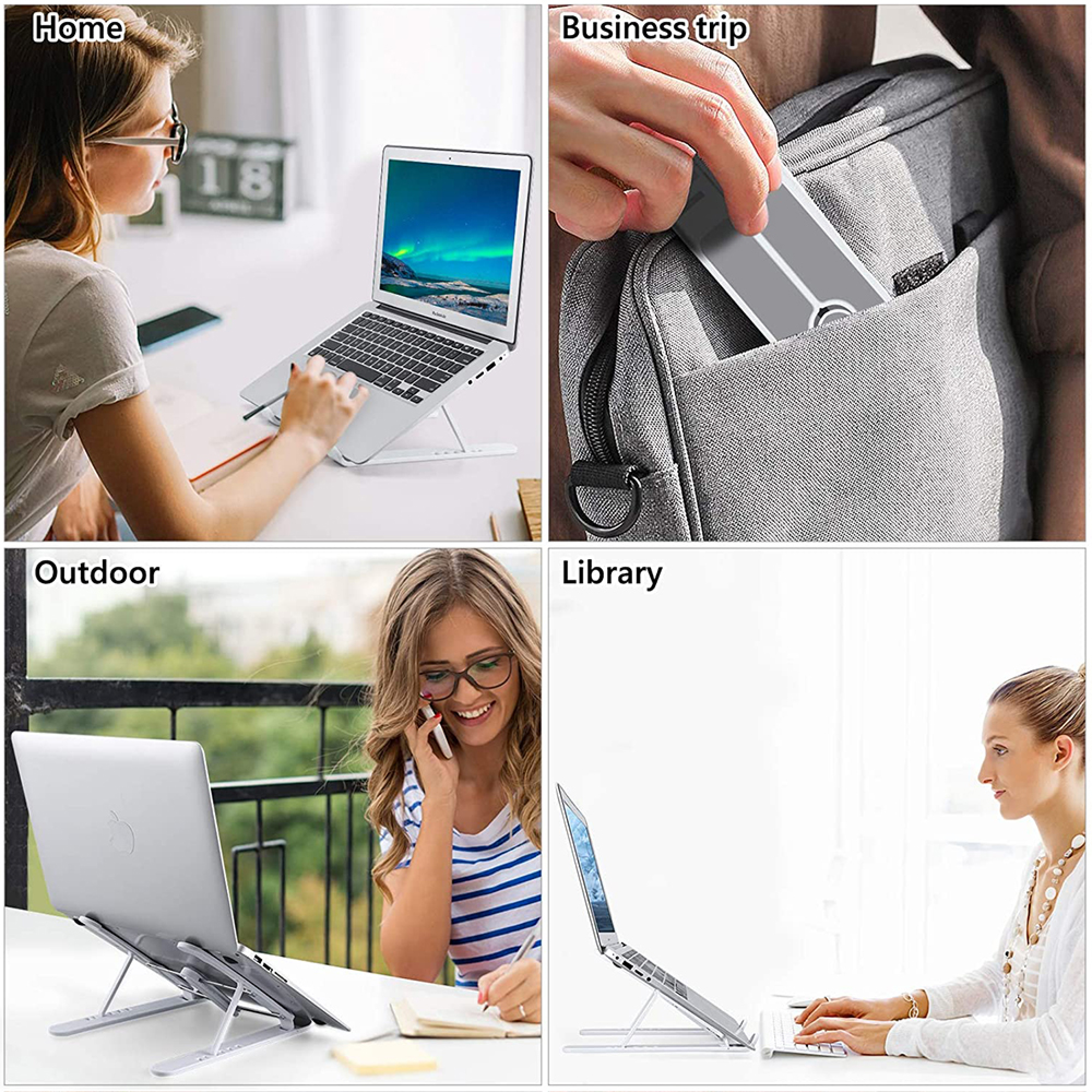 Vier Bilder zeigen einen Laptop-Ständer zu Hause, in einer Tasche, draußen und in einer Bibliothek.