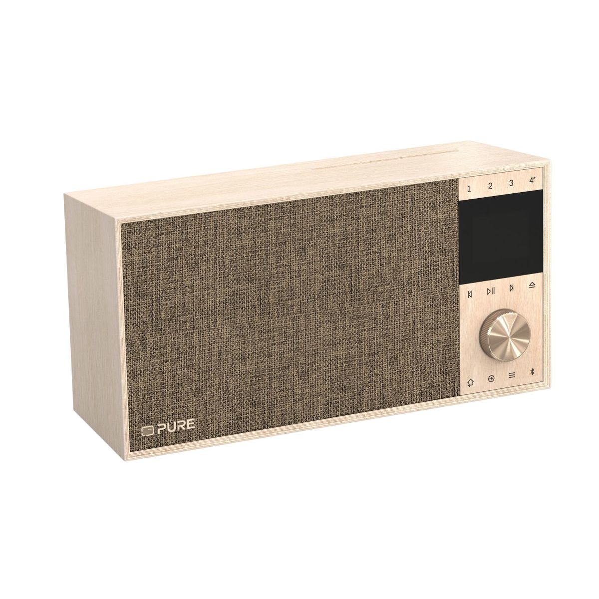 Ein helles Holzradio mit braunem Stoffgitter, digitalem Bildschirm und rundem Metall-Lautstärkeregler.