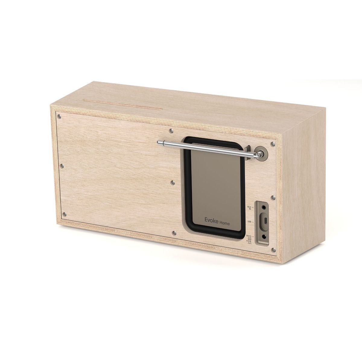 Holzfarbenes Evoke Home Radio mit silberner Antenne und Ports auf weißem Hintergrund.