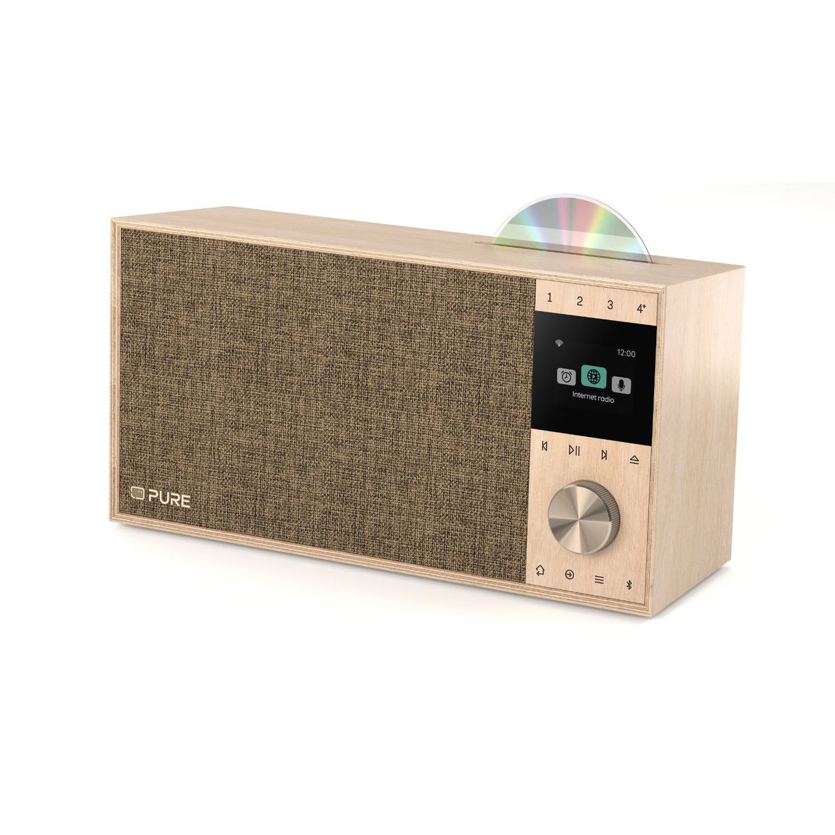 Ein hölzernes Pure-Radio mit Stoffabdeckung, Display und eingelegter CD.