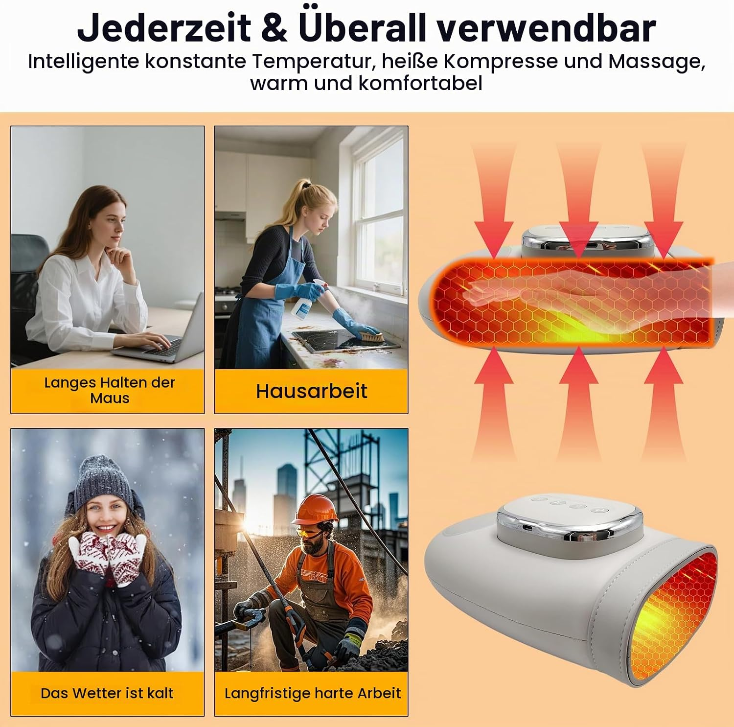 Collage zeigt Handwärmer-Nutzung bei Arbeit und Kälte mit Wärmegrafik.