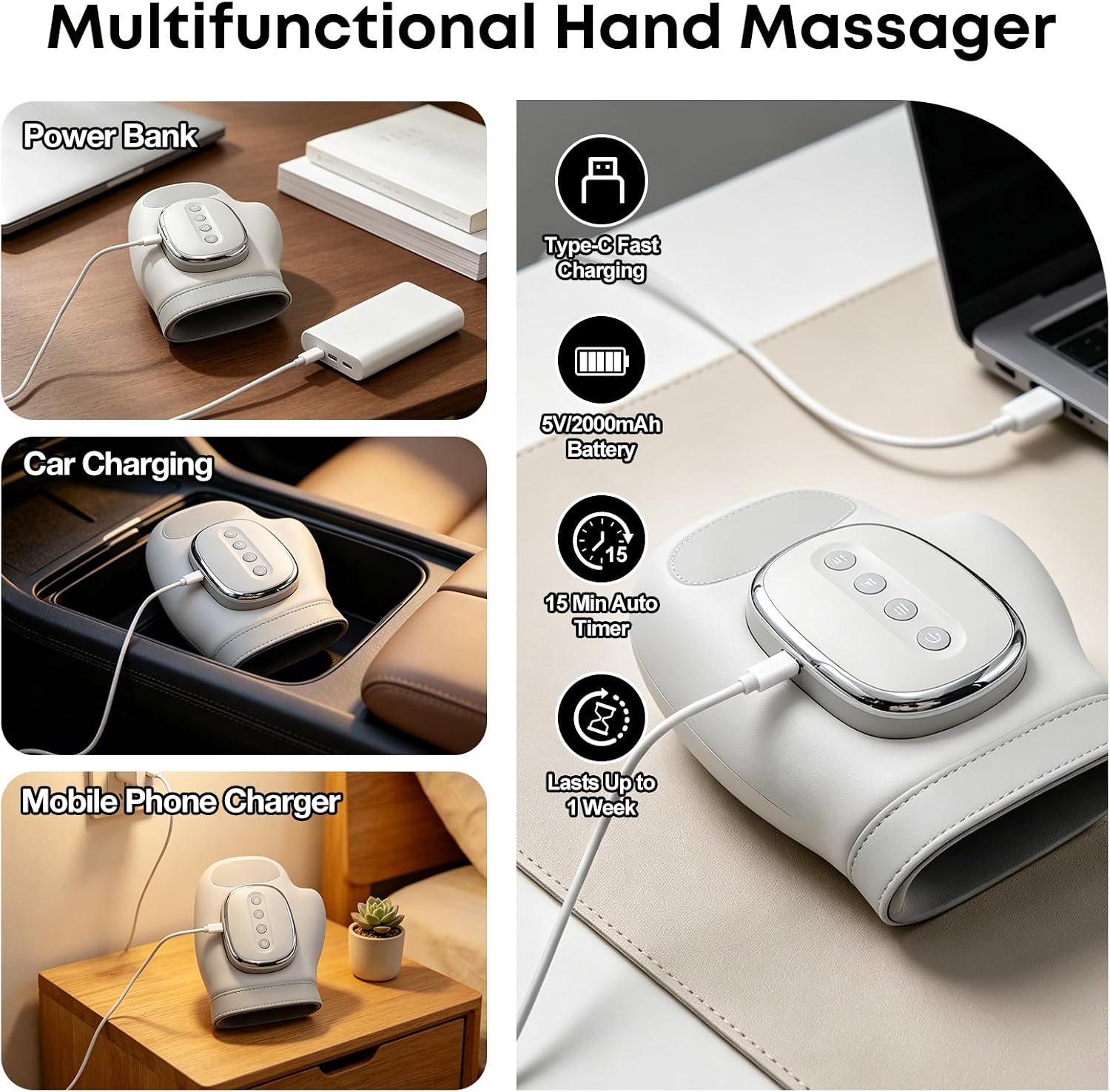 Ein weißes Multifunktions-Handmassagegerät mit USB-C-Aufladung und verschiedenen Lademöglichkeiten.