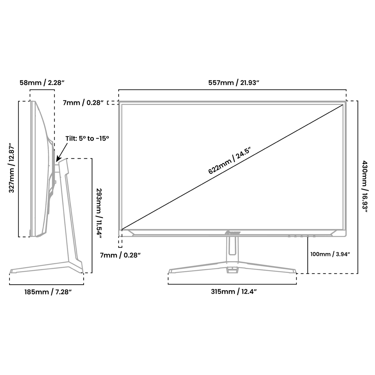 Disegno tecnico di un monitor di computer con vista frontale e laterale e relative misure.