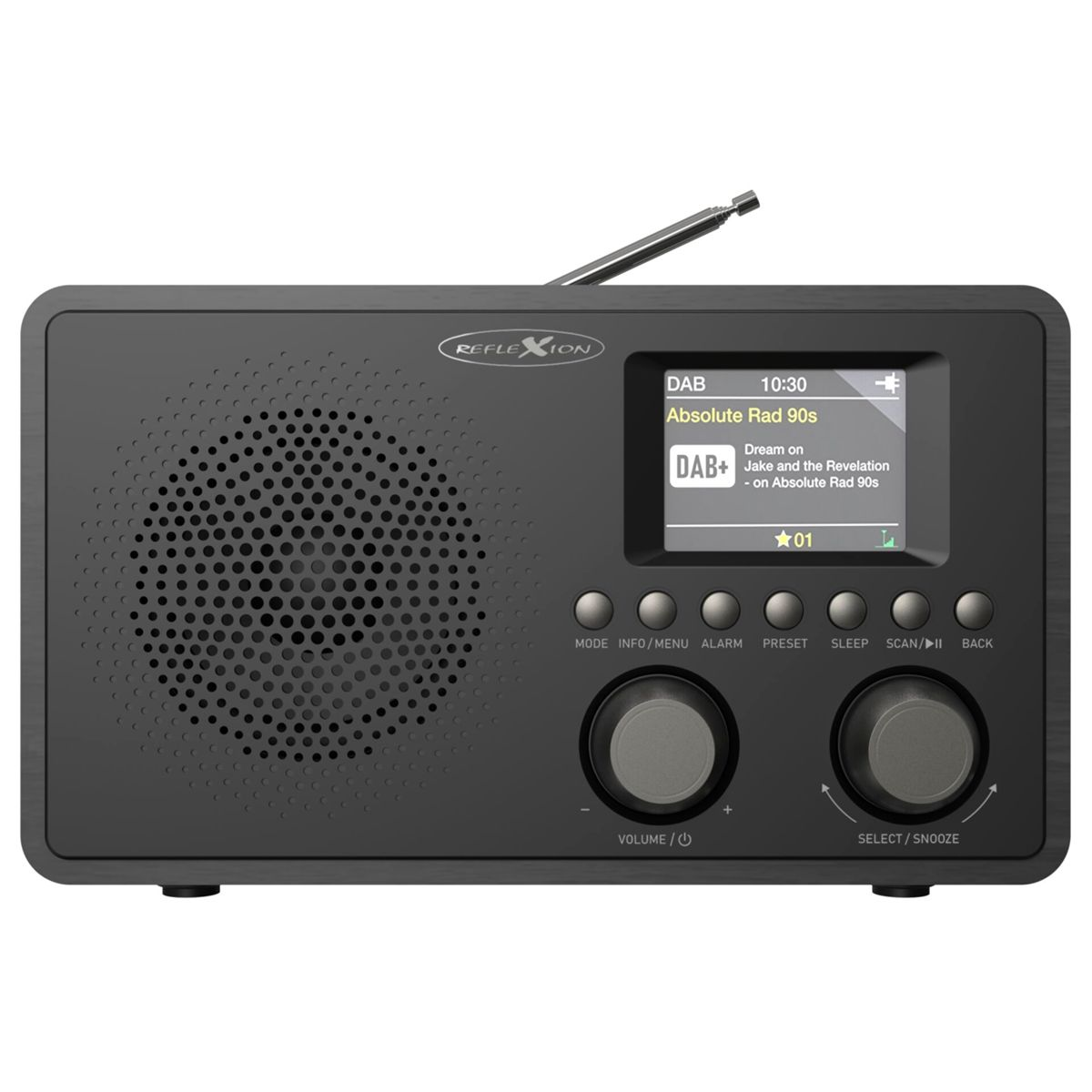 Schwarzes DAB-Radio mit Lautsprecher, LCD-Bildschirm, Antenne und Bedienelementen.