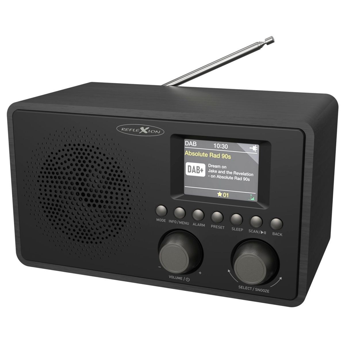Schwarzes Digitalradio mit Display, Antenne, Lautsprecher und Steuertasten auf weißem Hintergrund.