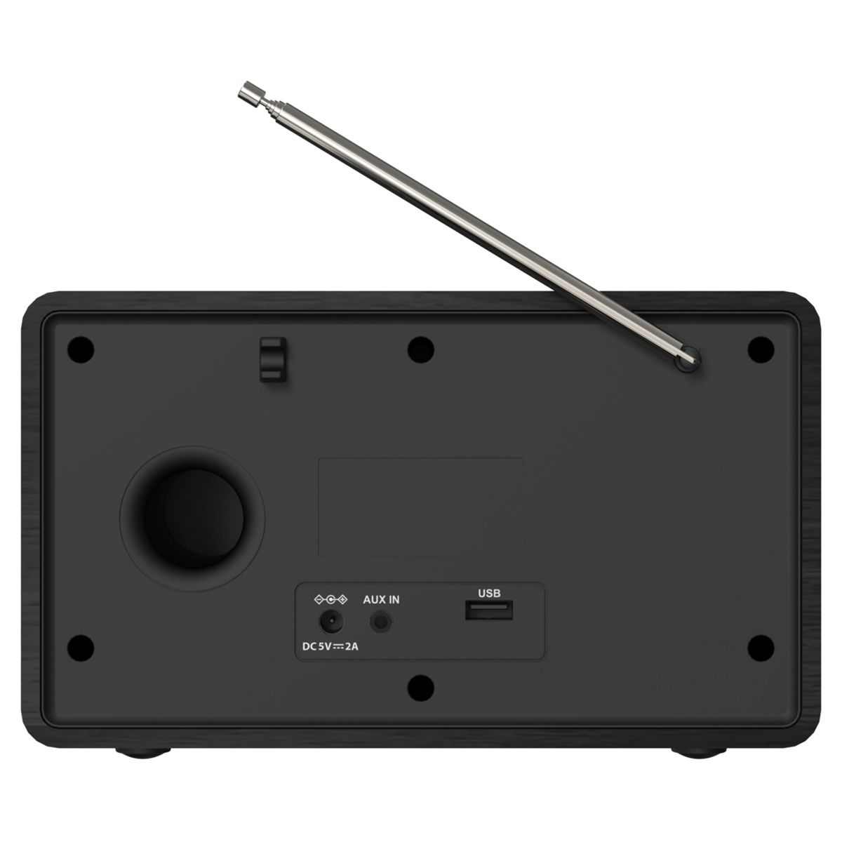 Rückseite eines schwarzen Radios mit Teleskopantenne, Netzteilanschluss, AUX-Eingang und USB-Port.
