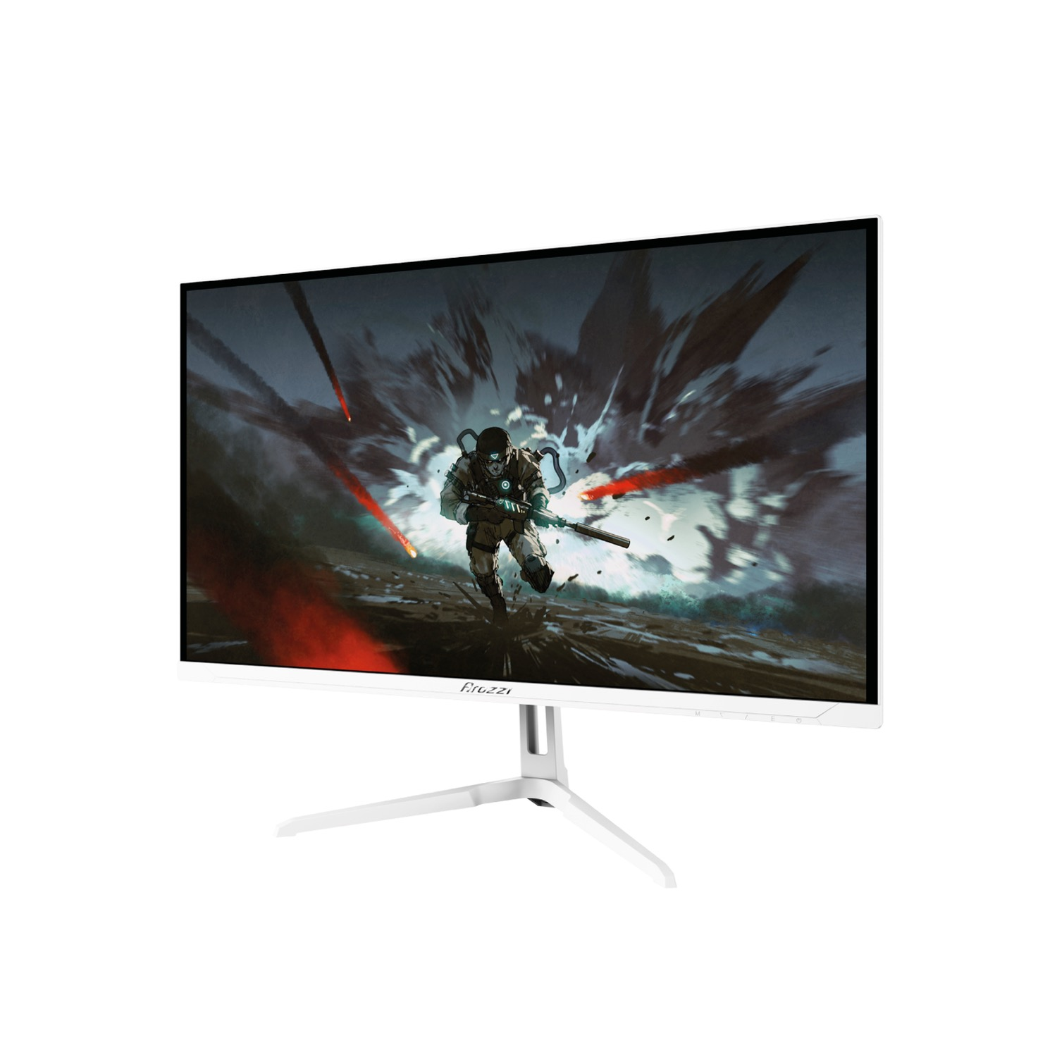 Un monitor da gioco bianco mostra uno sfondo d'azione con un soldato che corre in un'esplosione.