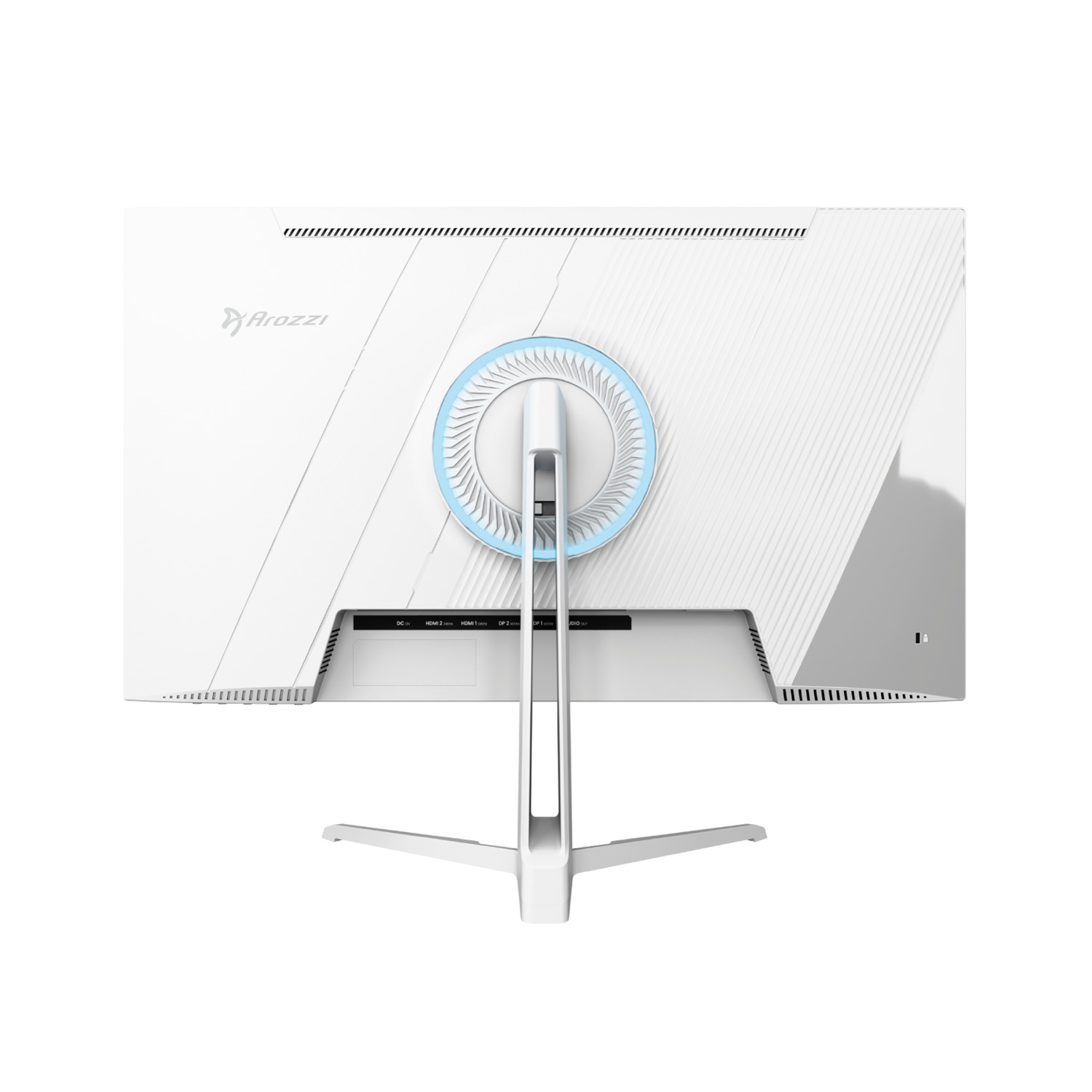 Vista posteriore di un monitor per computer Arozzi bianco con una luce blu circolare attorno al supporto.