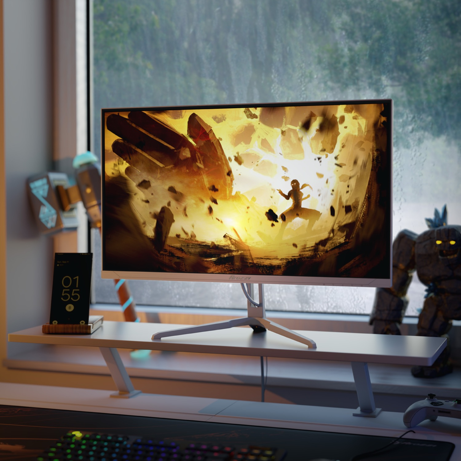Un monitor per computer con una scena di battaglia fantastica si trova su una scrivania bianca con accessori.